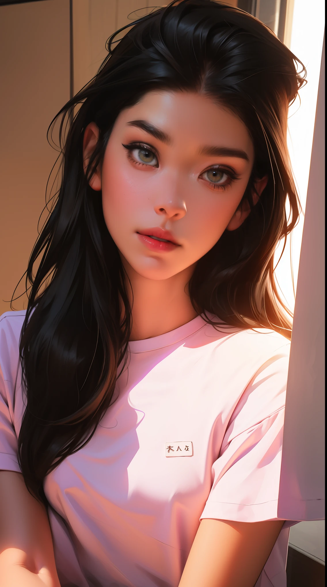 Girl, long black hair, brown eyes, sharp features, white skin, pink lips, purple t-shirt.