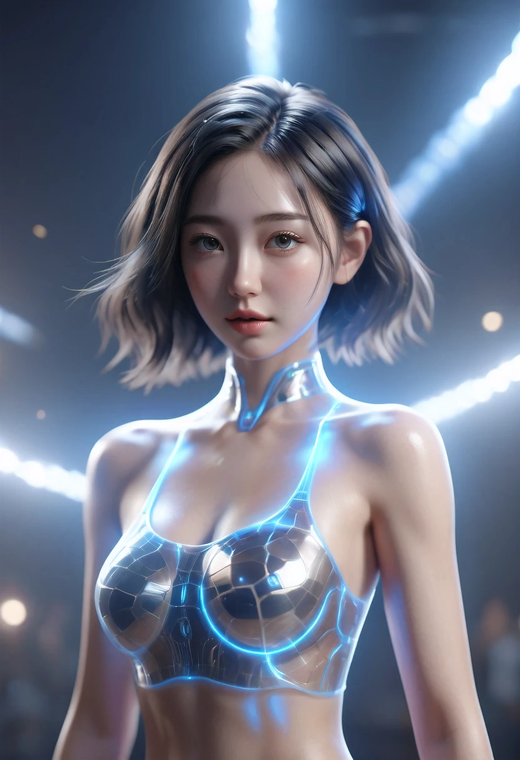 Realistic rendering, Excellent,,looking at camera, standing in the studio, pretty face, cosmetic, CGI mix, (photorealism:1.2), Ultra-realistic ultra-high definition skin,bare shoulders，Bare thighs, slim waist, hourglass figure, whole body, ((glowing skin)), ((shiny skin)), lifelike身体, ((She has a sexy figure)), ((clean skin)), （whole body缠绕着火焰）,lifelike, Bokeh, motion blur, masterpiece, high resolution, 1080P, Super details, textured skin，Lyudin high heels.