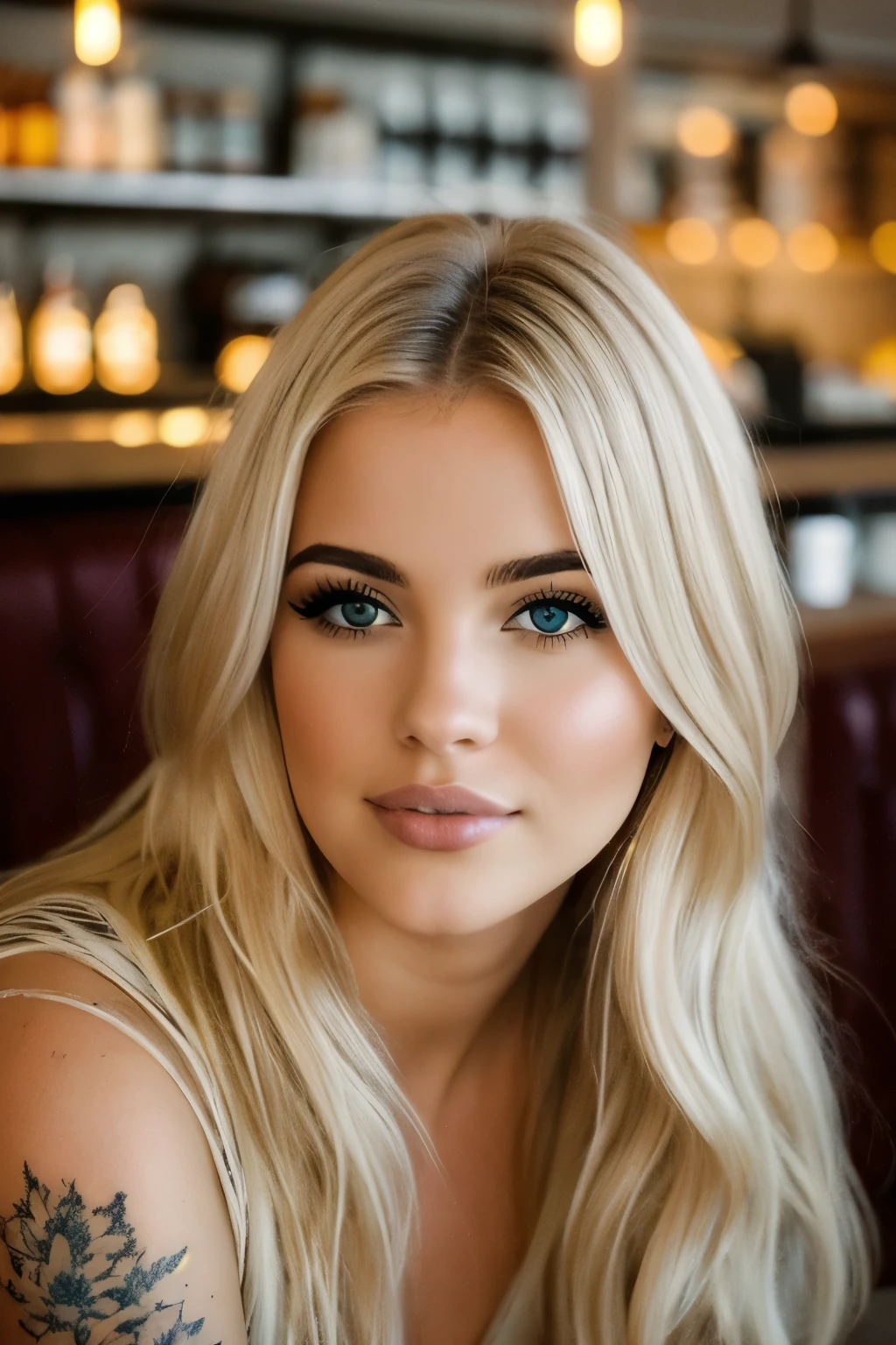 lovely ethereal photo of a photo of a young beautiful woman, platinum blonde with long curly hair, textured skin, tattoos on her arms, sitting in a 2000s cafe, Lovely eyes, (atmospheric lighting), full-face, looking straight ahead