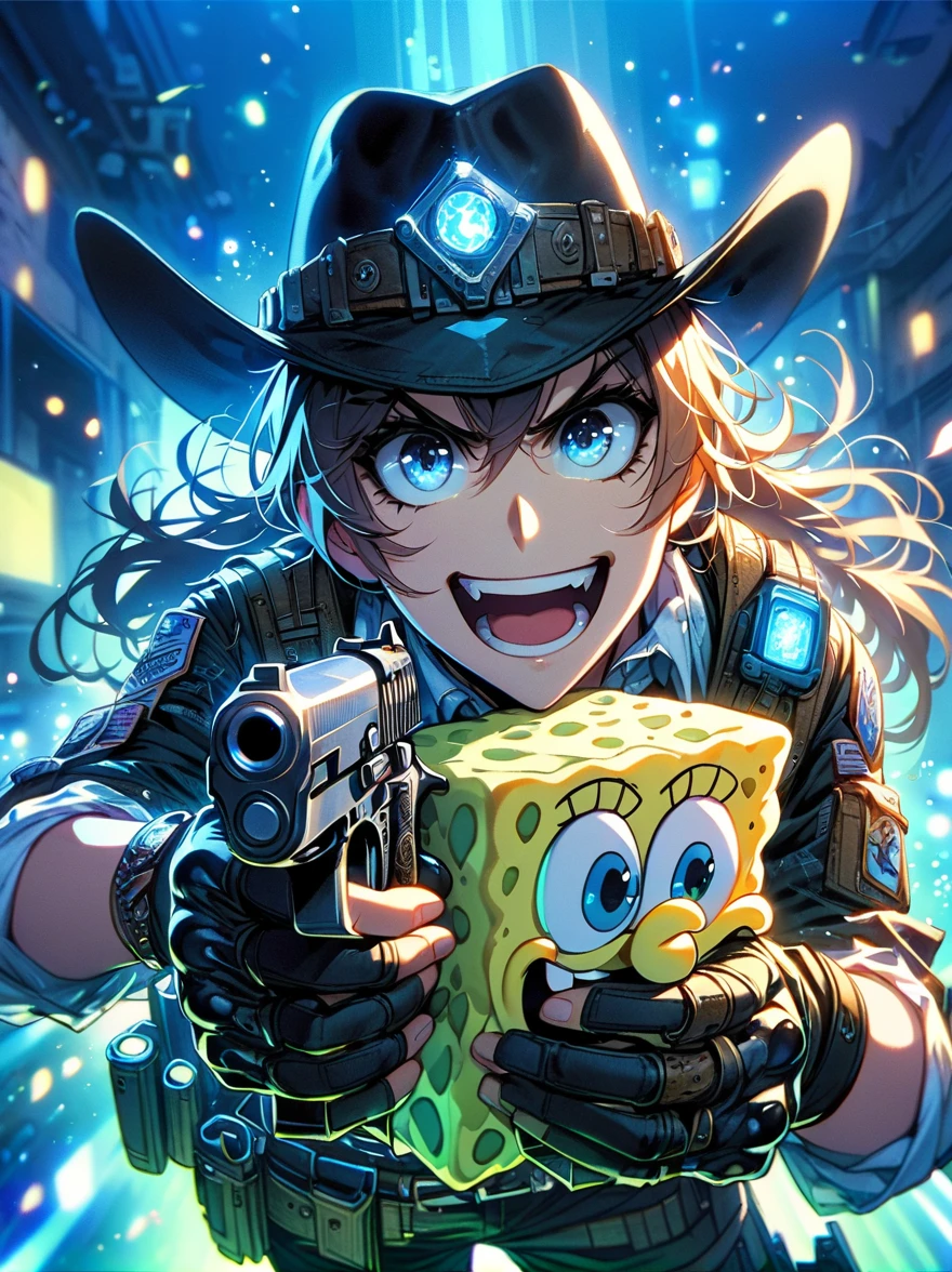 A SpongeBob SquarePants,With both hands pointing a Desert Eagle pistol at you,The scene is illuminated by blue lights