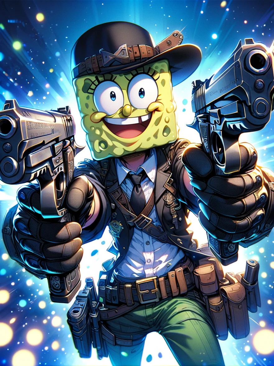 A SpongeBob SquarePants,With both hands pointing a Desert Eagle pistol at you,The scene is illuminated by blue lights