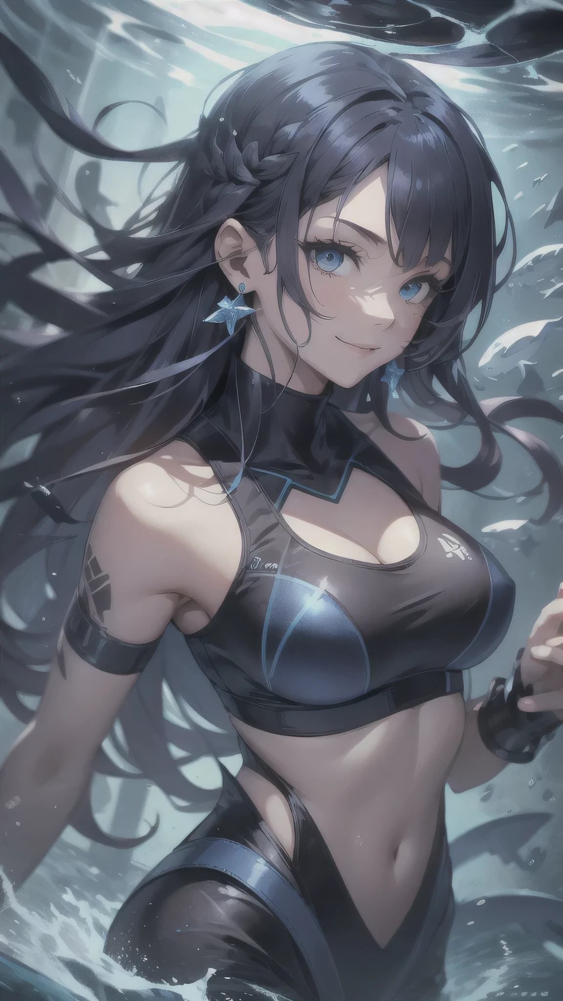 最high quality、best image quality、masterpiece、girl((20-year-old、 By becoming、vest bust、medium bust,wide open breast tea、shining eyes, Water feathers、long hair、thin,highest valley、blue sports bra、blue sports pants,diamond earrings、Wristband、black gloves、swimming、Ocean、smile、smile、swimming motion)),high quality、beautiful art、background((深Ocean、Ocean、shark、))、Flight、debris flies、Depth of written boundary、movie、visual art、perfect art、8K,genuine、Oceanアート、anime style