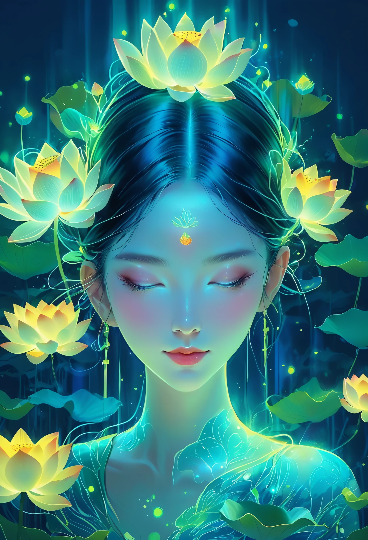 neon illustration of a woman with lotus flowers on her head, in a digital art style, charming illustrations, colorful portraits, glowing light blue and yellow green colors, glowing lights in a dark background, in the style of Tetsuya Nomura, cyan and aquamarine