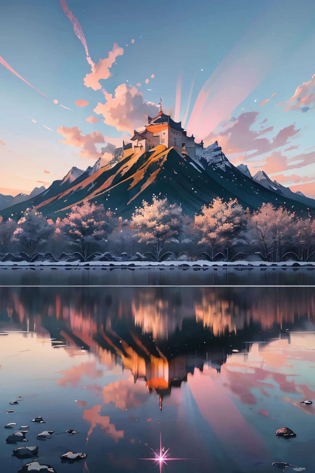 Beautiful scene with Xin Haicheng style ((anime drawing, Pixiv, high quality)),
Pink and purple hued sky ((atmospheric, artistic)),
Beautiful scenery of universe ((Magical Realism, Xin Haicheng style ::0.8)),
Starry sky ((low angle of view, specular scattering)),
Hills with snow-capped mountains ((grass, trees)),
Soda water river ((smokes, star, hills)),
Train passing by ((specular reflection, shiny surfaces)).