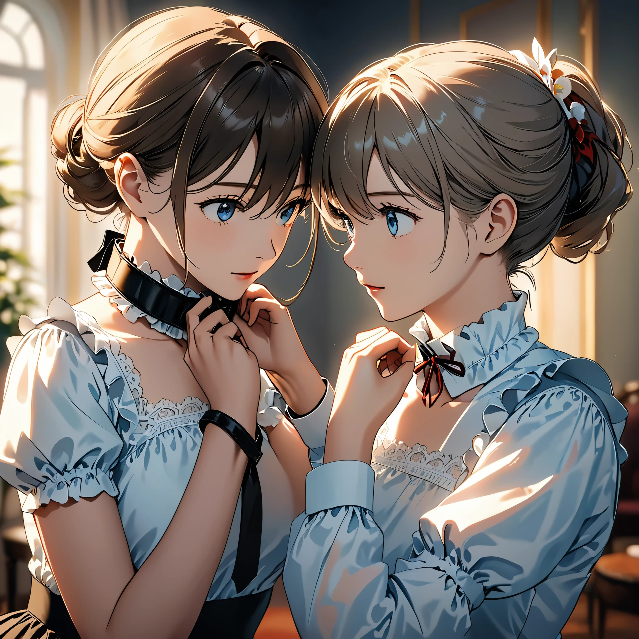 full body portrait, 2girls, face to face, cortical collar, (adjusting collar with hands:2.5), Beautiful collarbone, long neck, (beautiful detailed eyes), maid decoration, (beautiful detailed eyes), warm tones, reasonable expression of action, chiaroscuro, motion blur, halftone, best quality, high details, textured skin, UHD, anatomically correct, 8k