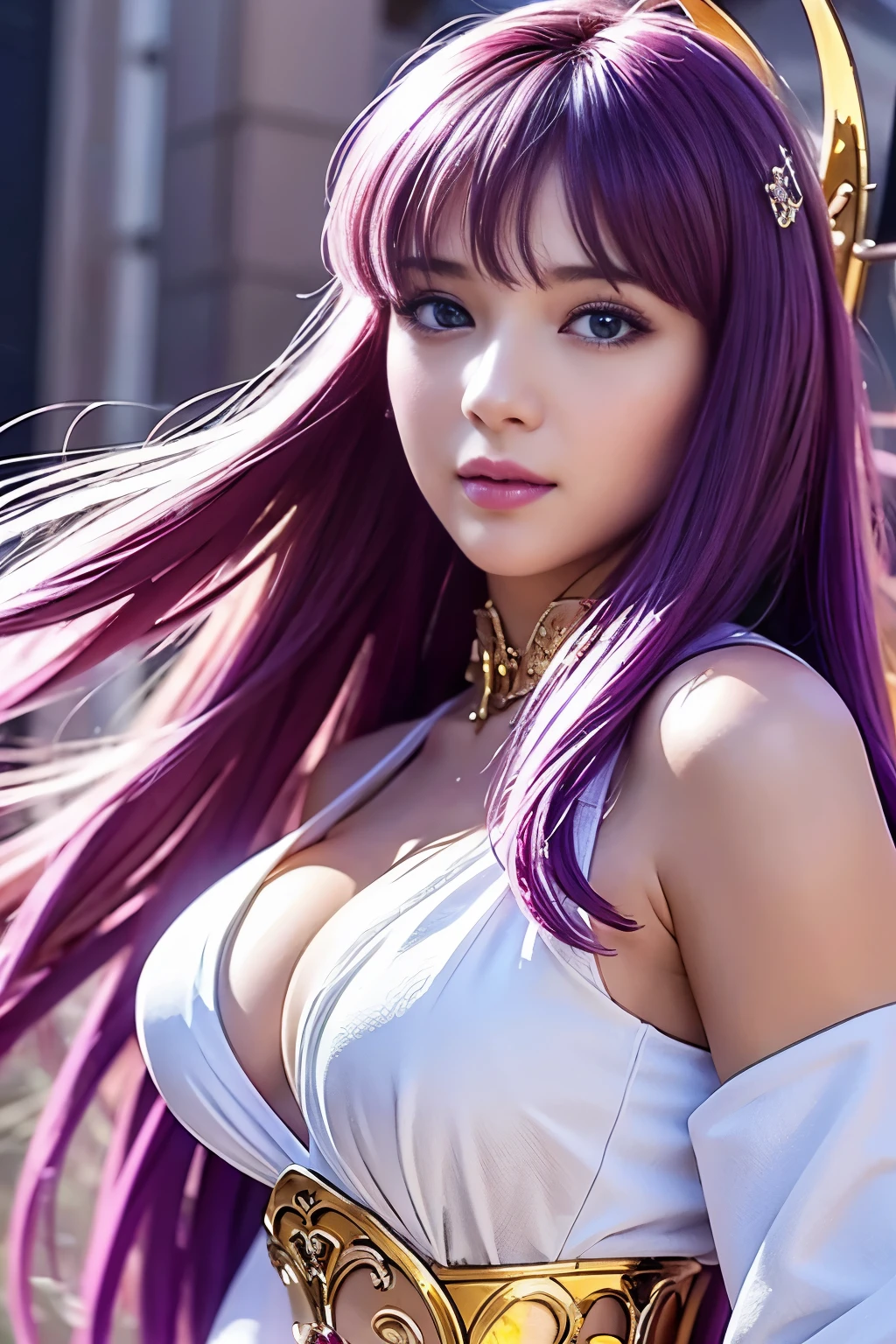 masterpiece、1 beautiful girl、fine eyes、smile、puffy eyes、highest quality, 超High resolution, (reality: 1.4), movie lighting、Japanese、asian beauty、Korean、super beautiful、beautiful skin、body facing forward、(超reality的な)、(High resolution)、(8k)、(very detailed)、(美しくfine eyes)、(Super detailed)、 (wall-)、detailed face、bright lighting、professional lighting、looking at the viewer、look straight ahead、slanted bangs、perfect cosplay,木戸Saori, athena,bright purple hair,Are standing, alone, big_chest, Saori_No sleeve_white_dress, Saori_accessories, staff_nod, masterpiece, highest quality, detailed face, fine eyes, High resolution,