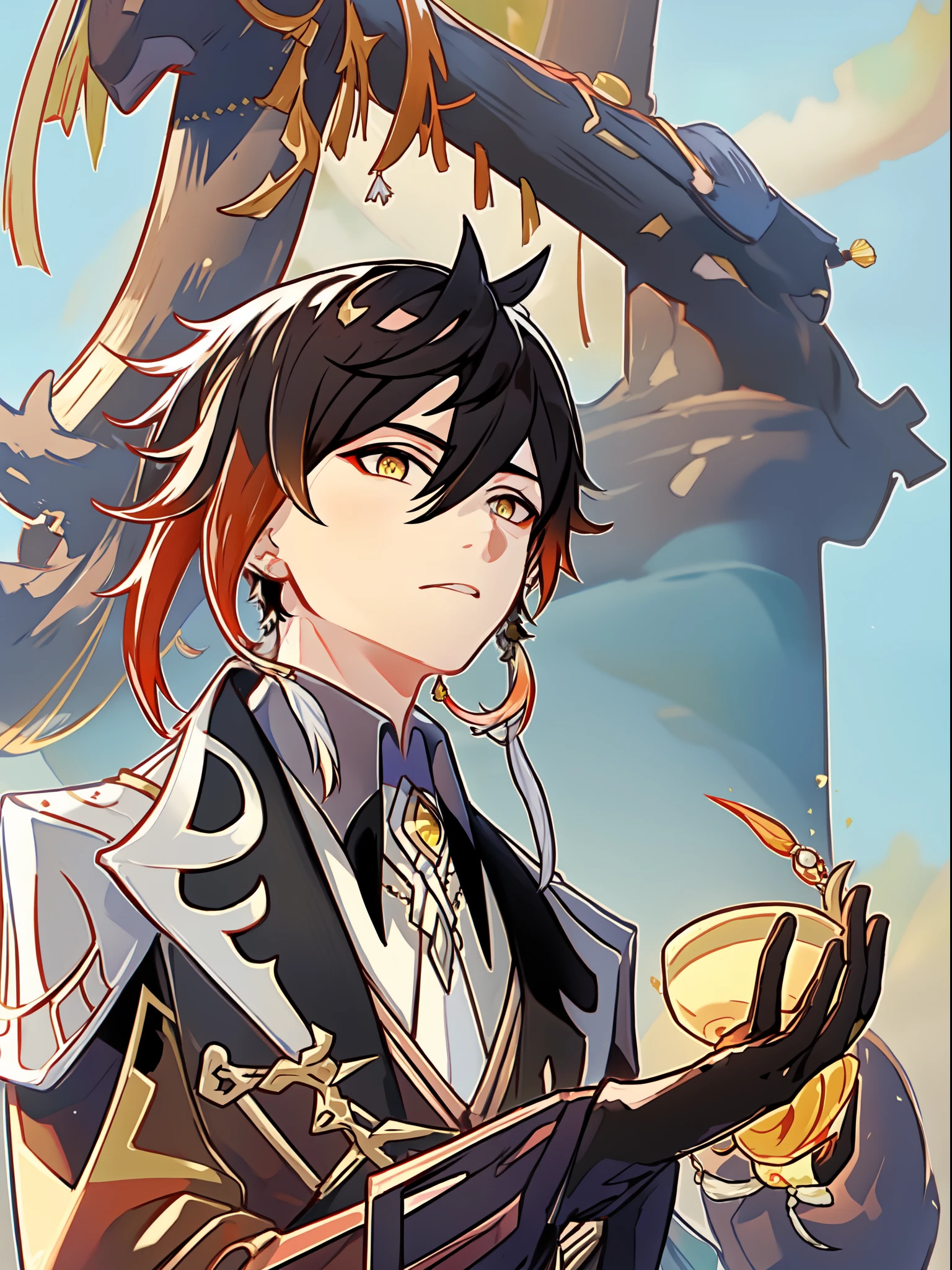 1boy, solo, upper_body, front_view, look_at_viewer, masterpiece, best quality, bangs, black_gloves, red_hair, red_hair, gradient_hair, collared_shirt, earrings, eyebrows_visible_through_hair, formal, gloves, hair_between_eyes, holding, chinese_clothes, jacket, jewelry, long_hair, long_sleeves, male_focus, multicolored_hair, ponytail, single_earring, suit, tassel, tassel_earrings, yellow_eyes, zhongli_\(genshin_impact\)