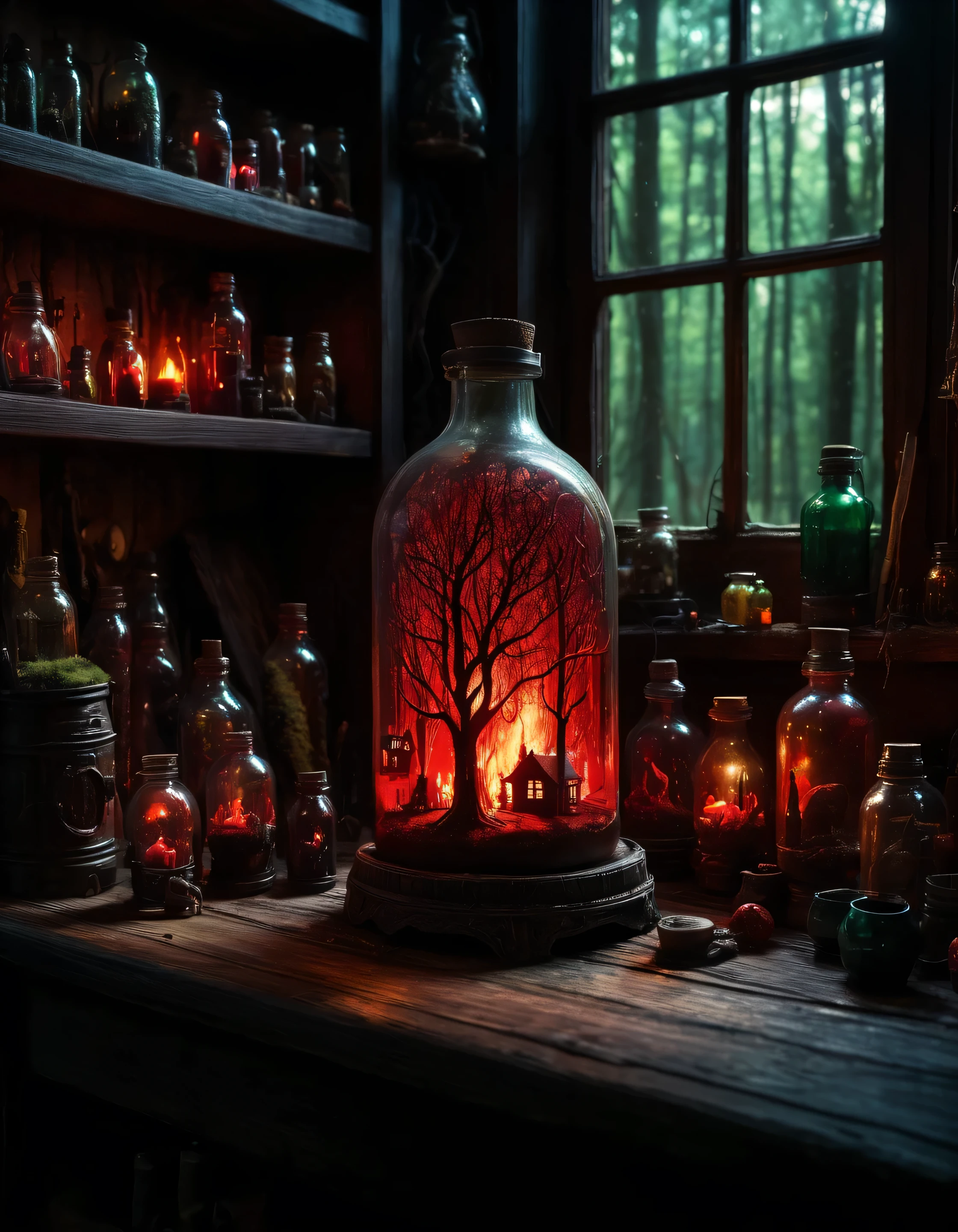 An intricate forest mini-town landscape trapped in a bottle, on a table, ((creepy)) , dark aesthetic, spooky, (fire), vibrant colors in a workshop, window, shelf, knick-knacks, epic composition, atmospheric-lighting, subsurface-scattering, (red) (detailed high quality highres high saturation)