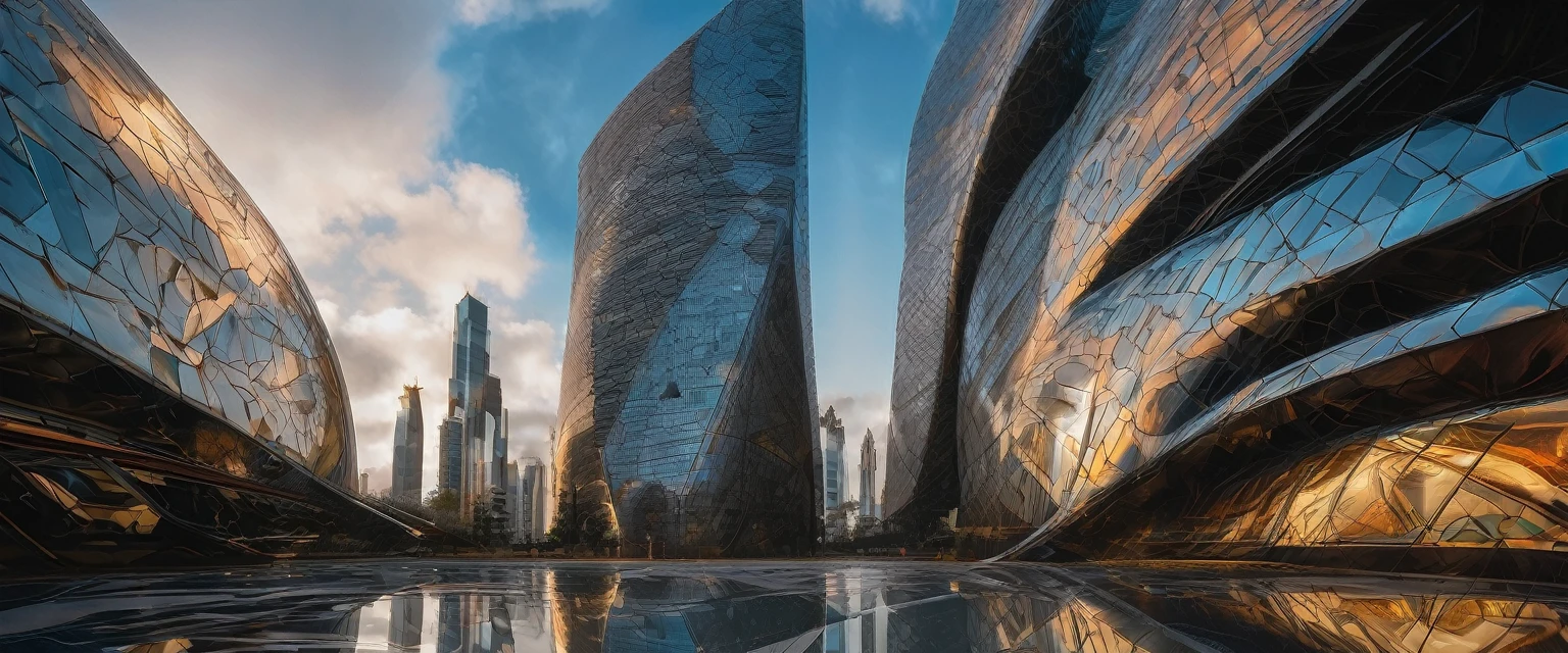 Ultra Wide Angle, aesthetic, extremely detailed, (best quality,4k,8k,highres,masterpiece:1.2),ultra-detailed,(realistic,photorealistic,photo-realistic:1.37),ultra wide angle,lens distortion,vivid colors,contrast,bokeh,low angle view,dramatic,grandiose,architectural beauty,expansive space,sweeping panoramic view,dynamic lines,imposing structures,cityscape,skyline,wide open sky,cloud formations,light and shadow play,emergent skyscrapers,modern urban architecture,spectacular visual impact,immersive experience,heroic scale