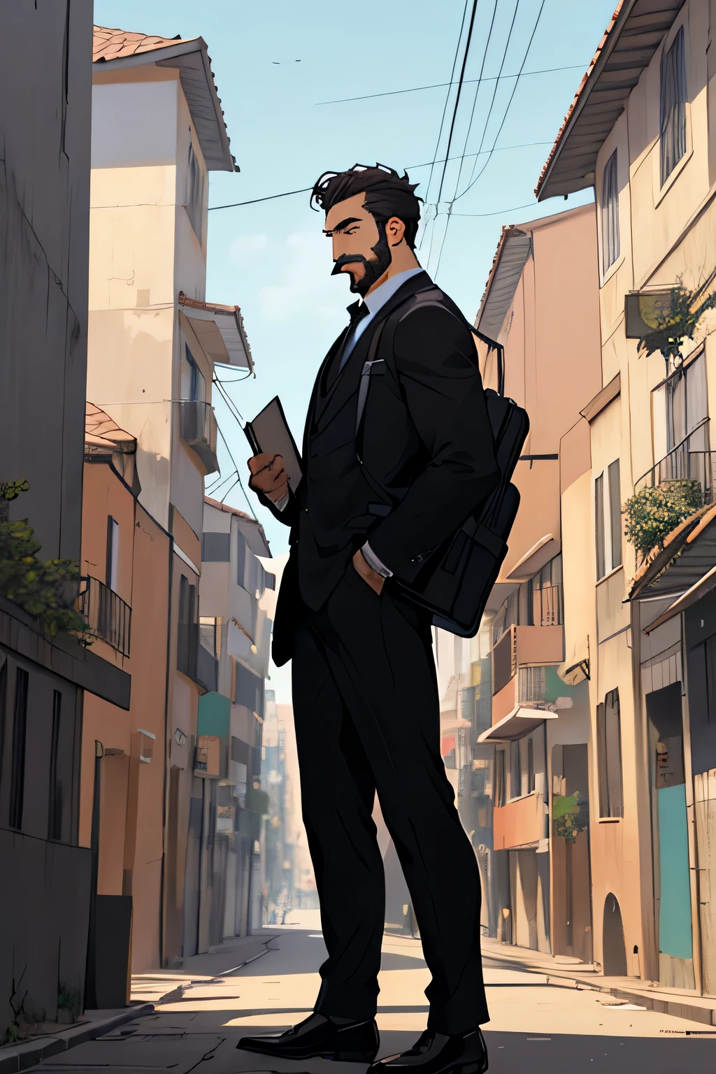 Desenhe um jovem advogado, standing on the avenue surrounded by buildings. He is holding a black briefcase. O jovem parece confiante e determinado., looking at the vast and mysterious universe with awe and respect,Facial hair, tiro de vaqueiro,