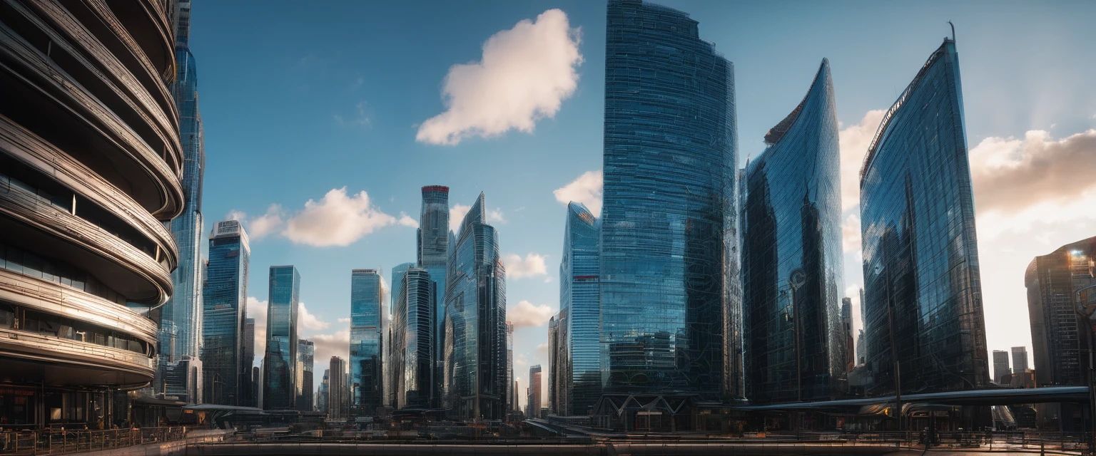 Ultra Wide Angle, aesthetic, extremely detailed, (best quality,4k,8k,highres,masterpiece:1.2),ultra-detailed,(realistic,photorealistic,photo-realistic:1.37),ultra wide angle,lens distortion,vivid colors,contrast,bokeh,low angle view,dramatic,grandiose,architectural beauty,expansive space,sweeping panoramic view,dynamic lines,imposing structures,cityscape,skyline,wide open sky,cloud formations,light and shadow play,emergent skyscrapers,modern urban architecture,spectacular visual impact,immersive experience,heroic scale