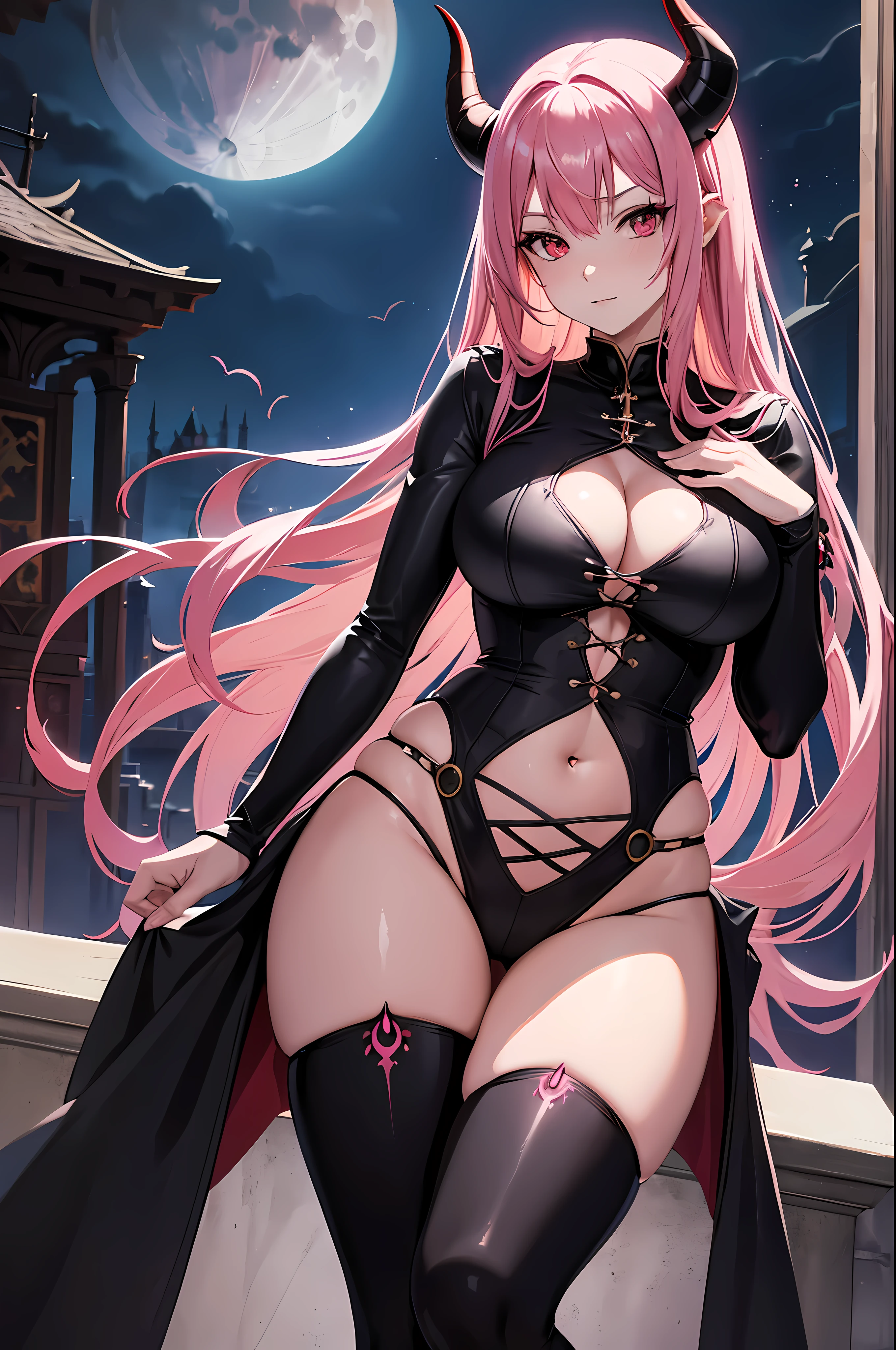 japanese cartoon movies, alone, long hair, pink hair, red eyes, devil horns, black horn, complex horns, devil woman, Model, long hair,beautiful, fancy, black clothes,( big bust, wide hips , milf) , vampire castle, black stockings ,inside,( dark, moon) , cowboy shot