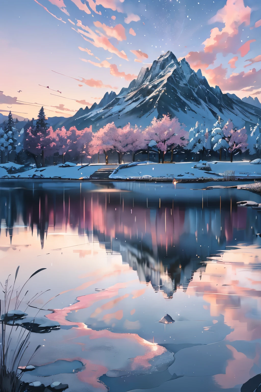 Beautiful scene with Xin Haicheng style ((anime drawing, Pixiv, high quality)),
Pink and purple hued sky ((atmospheric, artistic)),
Beautiful scenery of universe ((Magical Realism, Xin Haicheng style ::0.8)),
Starry sky ((low angle of view, specular scattering)),
Hills with snow-capped mountains ((grass, trees)),
Soda water river ((smokes, star, hills)),
Train passing by ((specular reflection, shiny surfaces)).
