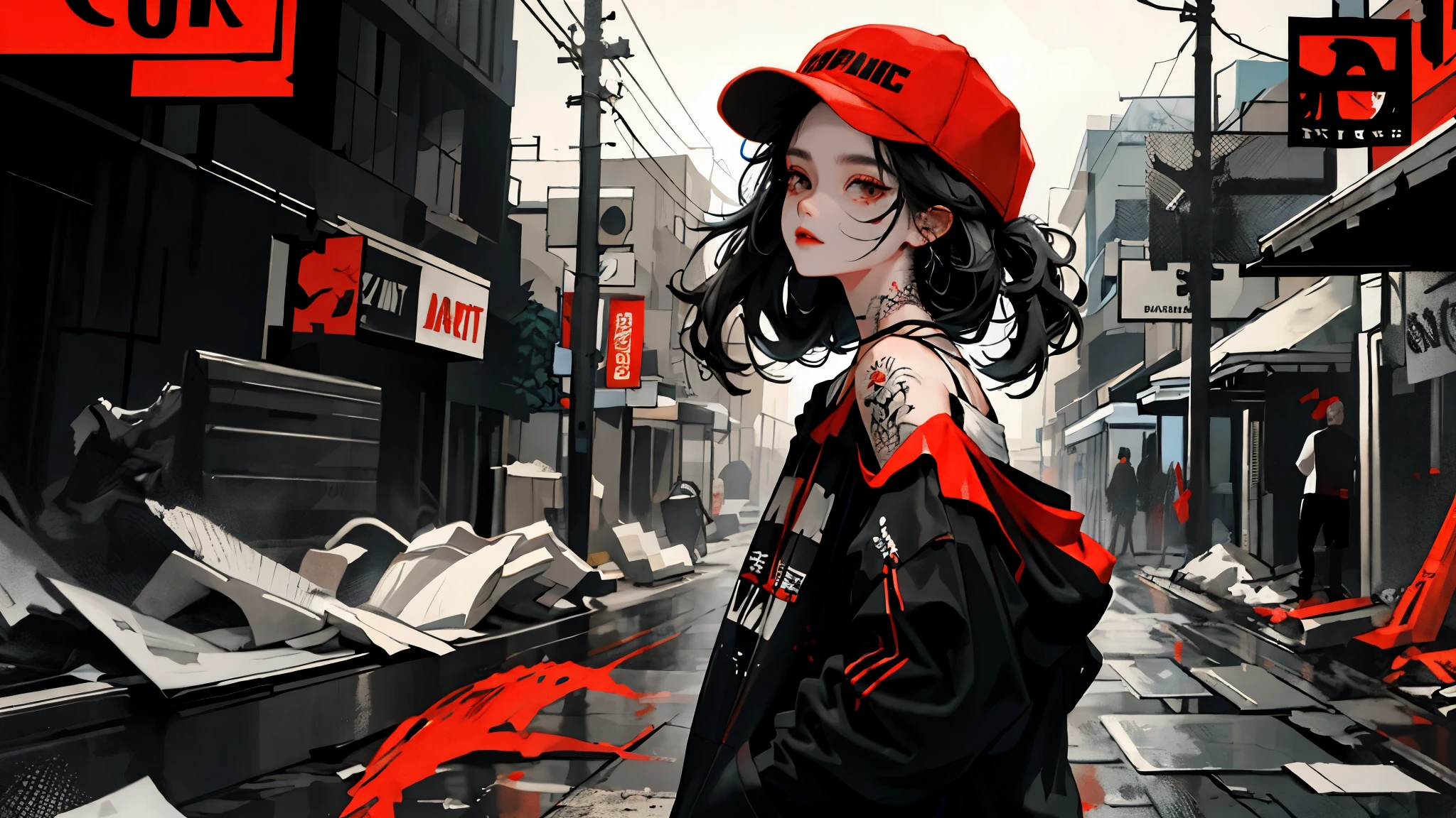 1girll,Back shadow splatter, red paint splatter Sweatshirt(black ish color),face and neck tattoo, An off-the-shoulder garment,baseball cap,Alchemy Laboratory,the mystery of unknown territories,Put your hands in your pockets,random colorful long hair,Shoulder-length hair,Black eyes,Game scene graph, raining street background
