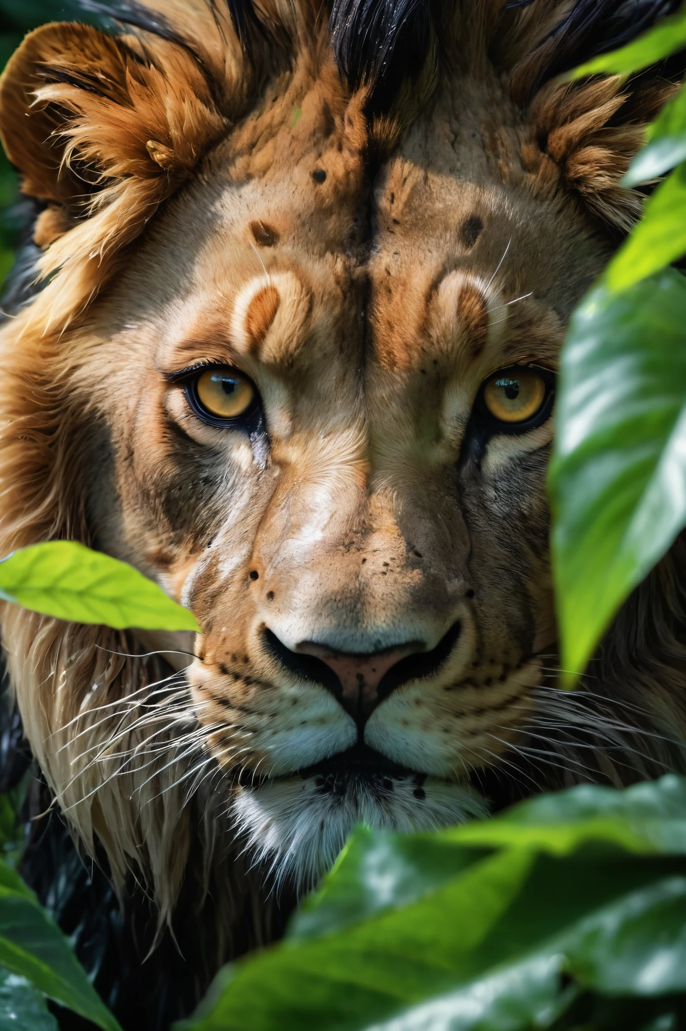 close-up,eyes focus,eye close-up,lion,hiding in the leaves,black dragon,shiny scales,((rain)),zazie rainyday,
(((masterpiece))),(best quality),((ultra-detailed)),beautiful eyes,macro shot,colorful details,natural lighting,
amazing composition,subsurface scattering,velus hairs,amazing textures,filmic,soft light,