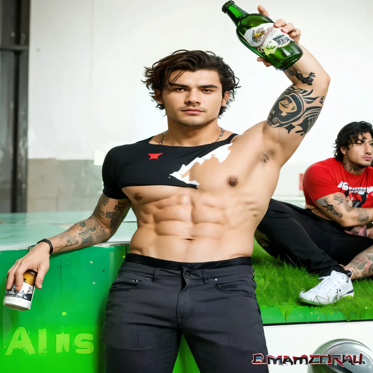 there is a man with a bottle of beer standing next to a man with a tattoo Monster mouse red eyes, with abs, david marquez, inspired by Adam Dario Keel, male model, six-pack, by Adam Dario Keel, the extremely getting his tacos and drink)