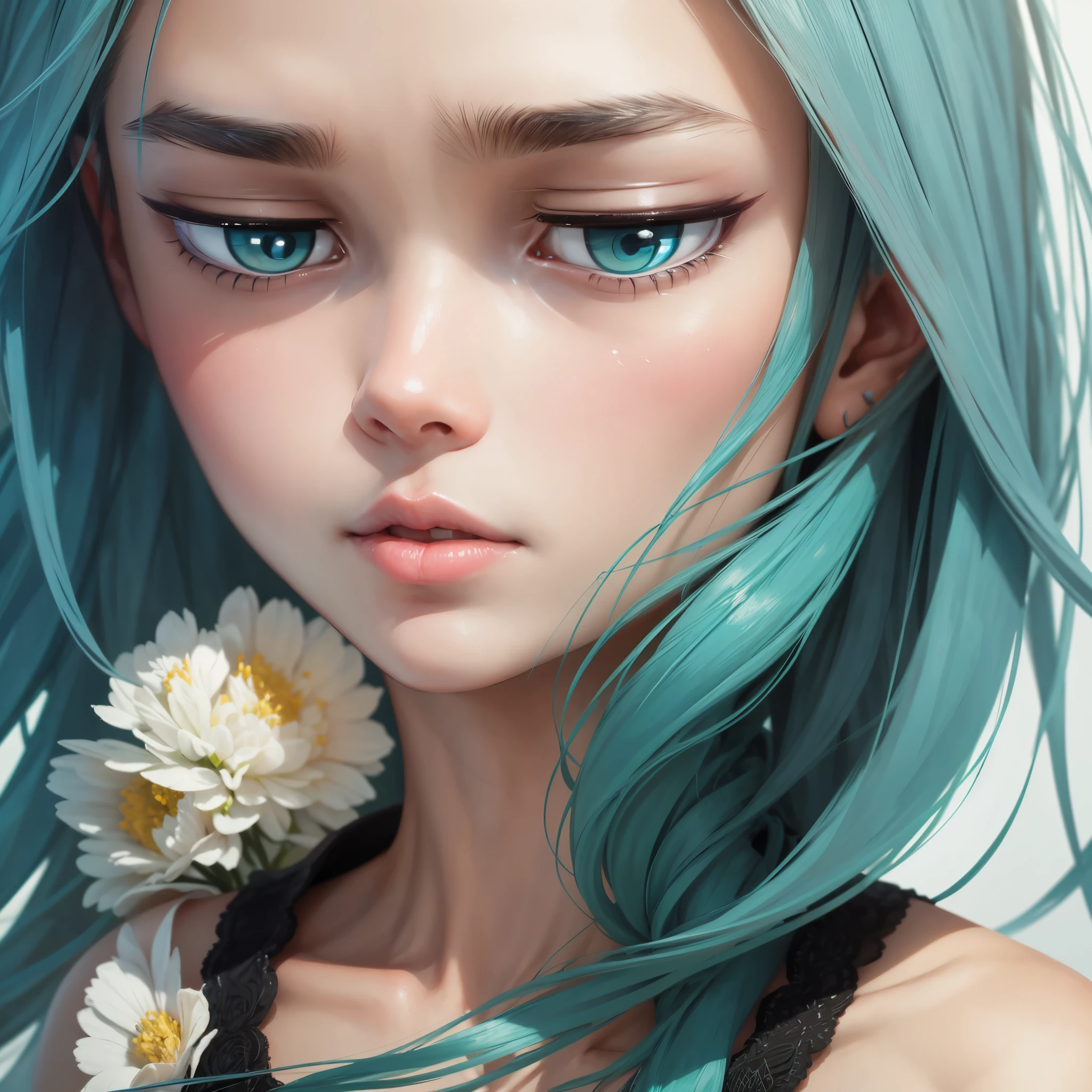 Masterpieces, best quality, close-up 1 girl, focus on her face, she pout at you, hight details eyes, her eyes is gray, her hair is turquoise, white skin, Cutout Dress,