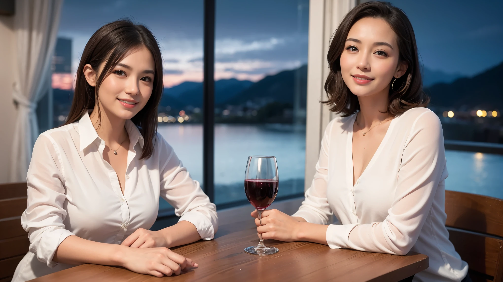 K, Hmm, highest quality, masterpiece: 1.2), (realistic, photorealistic: 1.37), Spectacular view of the sunset sky and clouds、Amazing mountain views、美しいsmile、3 slim beauties, (slim face),Happy、 the best smile、Fox face、Berry Short、(because I'thin), (brown hair), (shortcut), long sleeve shirt、winter fashion、Colombian、Brazilian、Japanese、Dutch、German、Portuguese、Belgian、Italian、French,Champagne、sparKling wine、 (gush out), (slim body), (brown hair), (shortcut), neat beauty、cheeKs turn a little red, (42 years old), 38 years old, alone, A beautiful and detailed night view spreads out outside the window...., restaurant, wine glass is sitting, At night, in a prominent place (from the Upper body) nova frog style, actress, model, Upper body, White wine, slim, wine glass, Very beautiful night view, wine glass Put in the Middle, Happy smile, (smile: 1.15), 