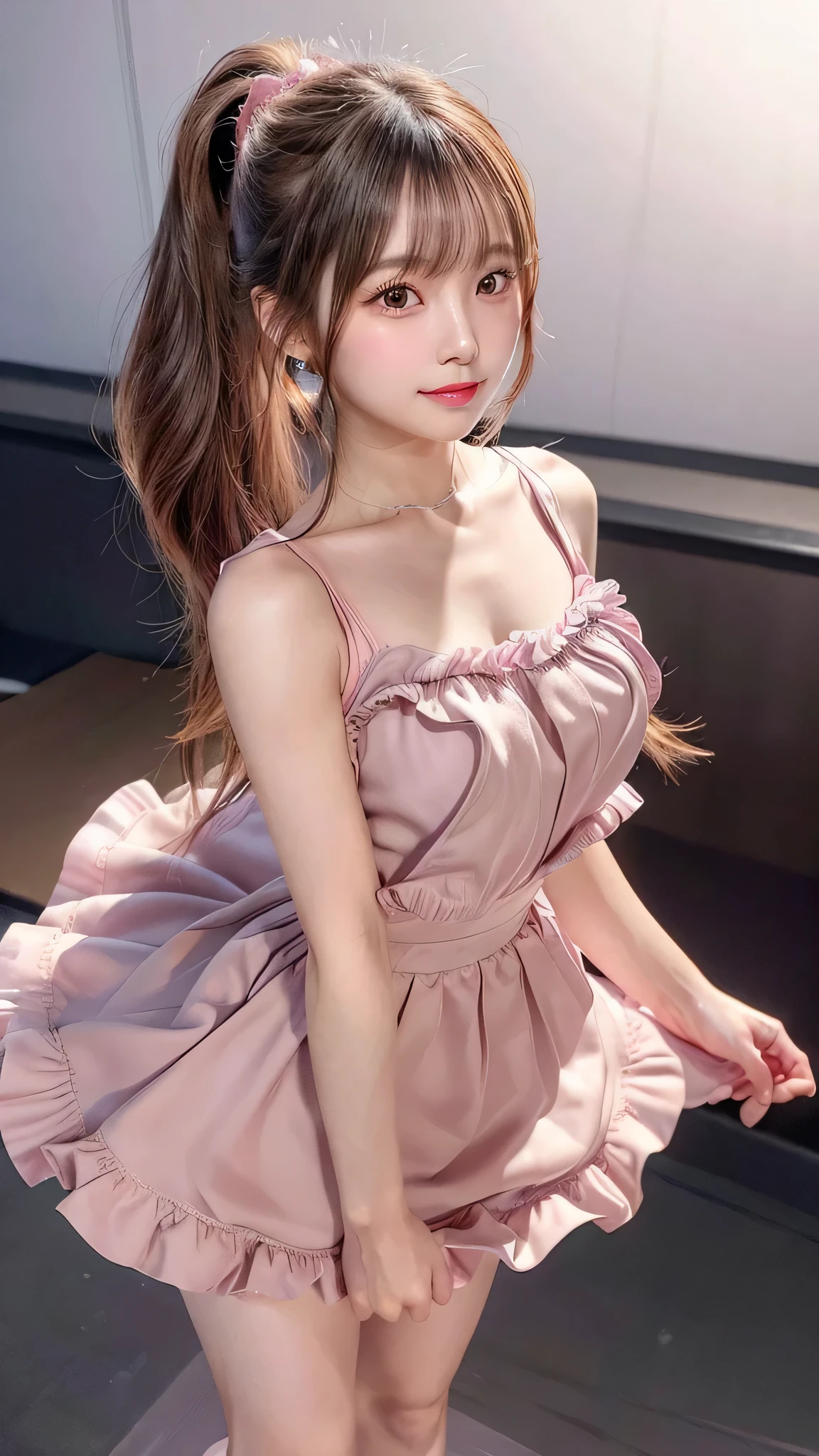 blush,small breasts,************,long hair ponytail,on stage,Are standing,((8K, Raw photo, highest quality, pieces fly:1.2), (reality, realistic:1.4), (Highly detailed 8K wallpaper), written boundary depth, cinematic lighting, soft light, Details beauty eye,Shiny and smooth light brown ponytail, asymmetrical bangs, shiny skin, super dense skin ,High resolution, high detail, detailed hairstyle, Detailed beauty faces, hyper real, perfect limbs, perfect anatomy ,1 Japanese girl,famous japanese idol, perfect female body,shy smile,short eyelashes,double eyelid,look straight here,Hair style is ponytail、Long pink dress with lots of frills, soft shaped skirt, standing on stage,pink ribbon on head,She is wearing a long skirt with lots of frills..,neat clothes