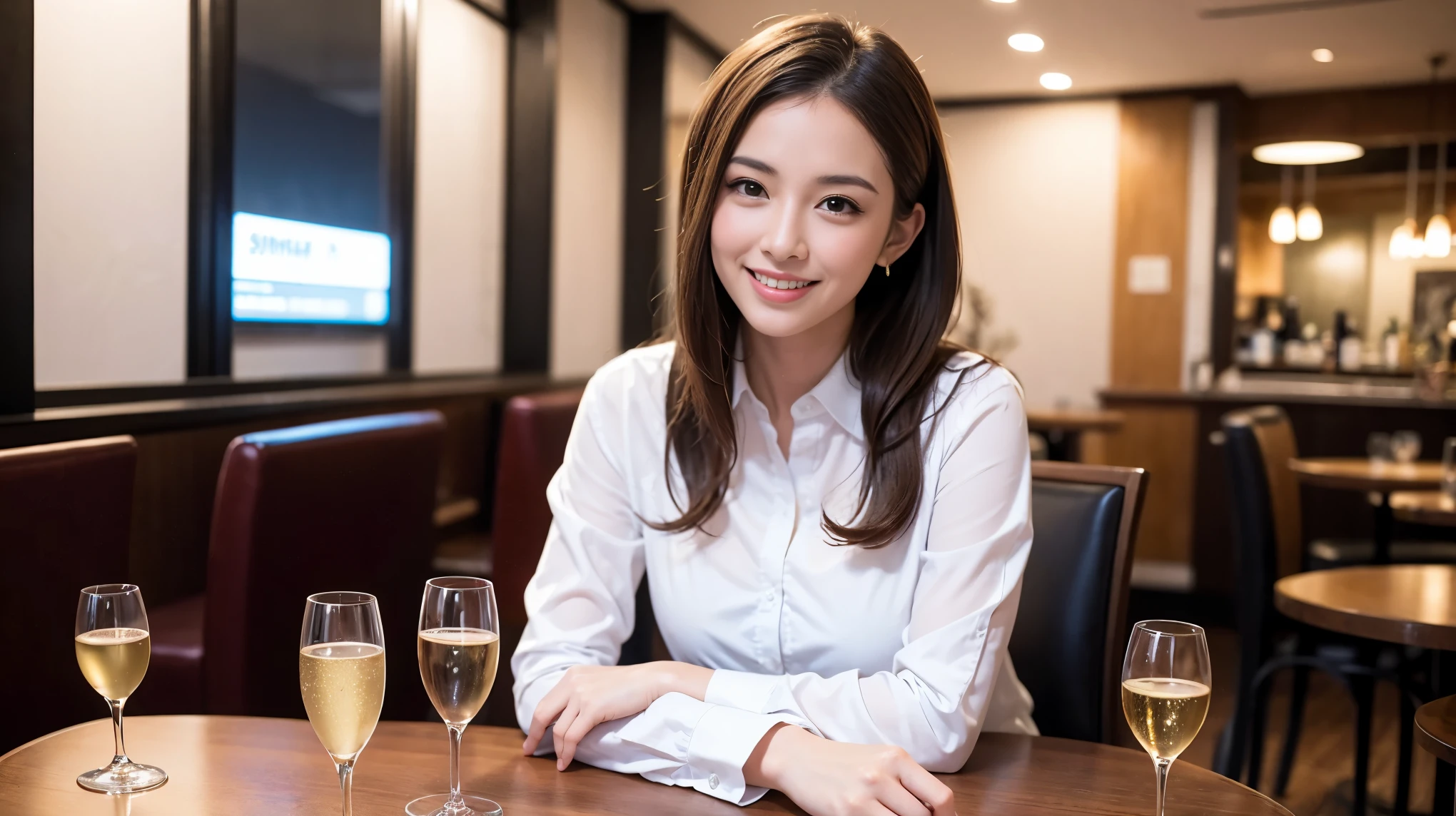 K, UHD, highest quality, masterpiece: 1.2), (realistic, photorealistic: 1.37), Super detailed, slimな美女3名, (slimフェイス),Happy、 最高なsmile、Fox face、Berry Short、(because I'thin), (brown hair), (shortcut), long sleeve shirt、winter fashion、Colombian、Brazilian、Japanese、Dutch、German、Portuguese、Belgian、Italian、French,Champagne、SparKling wine、 (gush), (slimボティ), (brown hair), (shortcut), neat beauty、cheeKs blush a little, (35 years old), 38 years old, alone, A beautiful and detailed night view spreads out outside the window..., restaurant, wine glassが座っている, At night, in a prominent place (from the Upper body) nova frog style, actress, model, Upper body, White wine, slim, wine glass, very beautiful night view, wine glass Put in the Middle, Happy smile, (smile: 1.15),