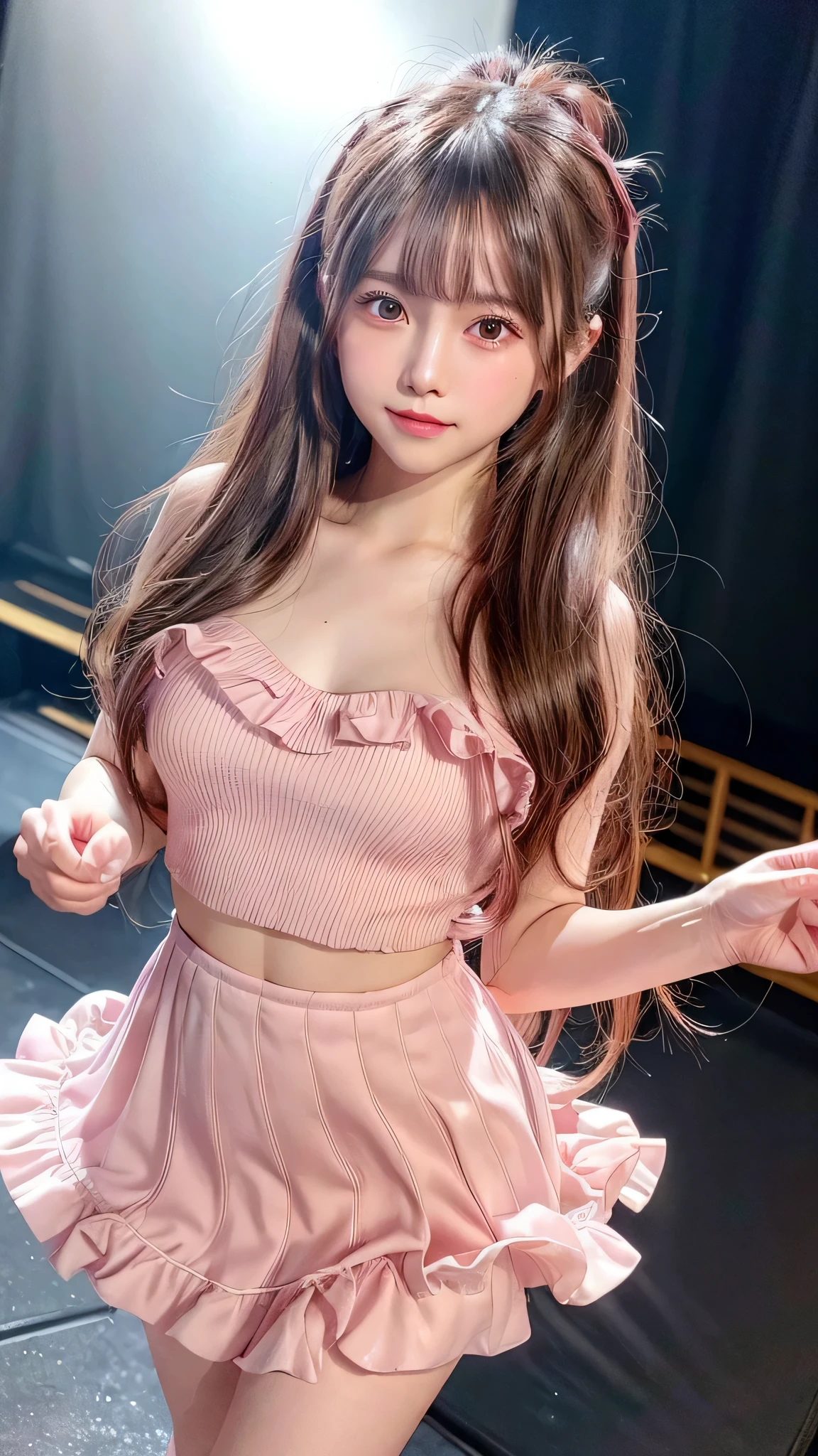blush,small breasts,,long hair ponytail,on stage,Are standing,((8K, Raw photo, highest quality, pieces fly:1.2), (reality, realistic:1.4), (Highly detailed 8K wallpaper), written boundary depth, cinematic lighting, soft light, Details beauty eye,Shiny and smooth light brown ponytail, asymmetrical bangs, shiny skin, super dense skin ,High resolution, high detail, detailed hairstyle, Detailed beauty faces, hyper real, perfect limbs, perfect anatomy ,1 Japanese girl,famous japanese idol, perfect female body,shy smile,short eyelashes,double eyelid,look straight here,Hair style is ponytail、Long pink dress with lots of frills, soft shaped skirt, standing on stage,pink ribbon on head,She is wearing a long skirt with lots of frills..,neat clothes