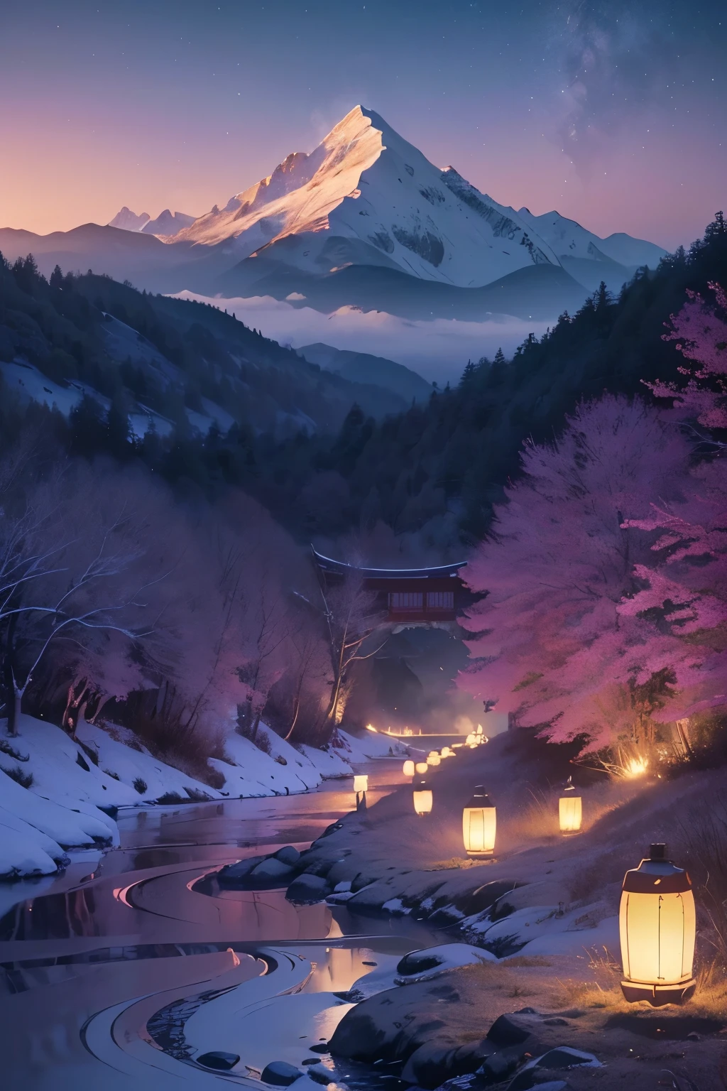 (((Xin Haicheng style)), pixiv, anime drawing, high quality,
Pink and purple hued sky blanketing the horizon,
Beautiful scenery unfolds with a magical realism touch,
((Xin Haicheng style)): 0.8,

Artistic atmosphere pervades as the stars twinkle bright,
Starry night scene, a train passes by in soft light,
Hills dotted with the glow of lanterns, snow-capped mountains in sight,
Soda water ripples, reflecting the tranquil, serene night,

Grass sways gently, trees sway in rhythm, smokes wafting up high,