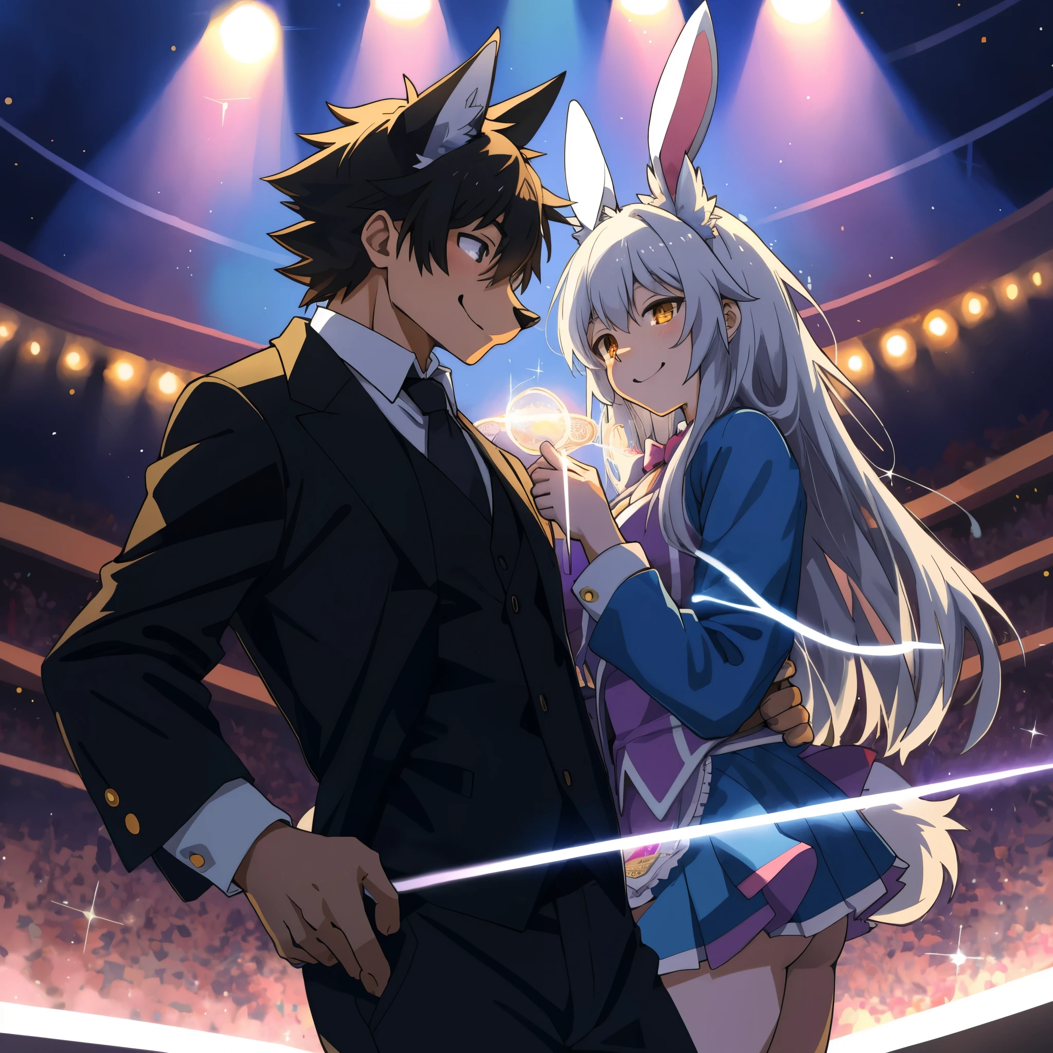 cover page, anime key visual, highres, top quality, best quality, paid reward available, High-quality illustrations, unparalleled masterpiece, perfect artwork, absurdres(pair, magician and assistant)((bunny girl))(((magician 1wolf in suit)))magic on stage, SHOWTIME, sparkle, smile, perfect anatomy, fan-created work shared on platforms Pixiv or Twitter, cinematic lighting, dynamic angle,