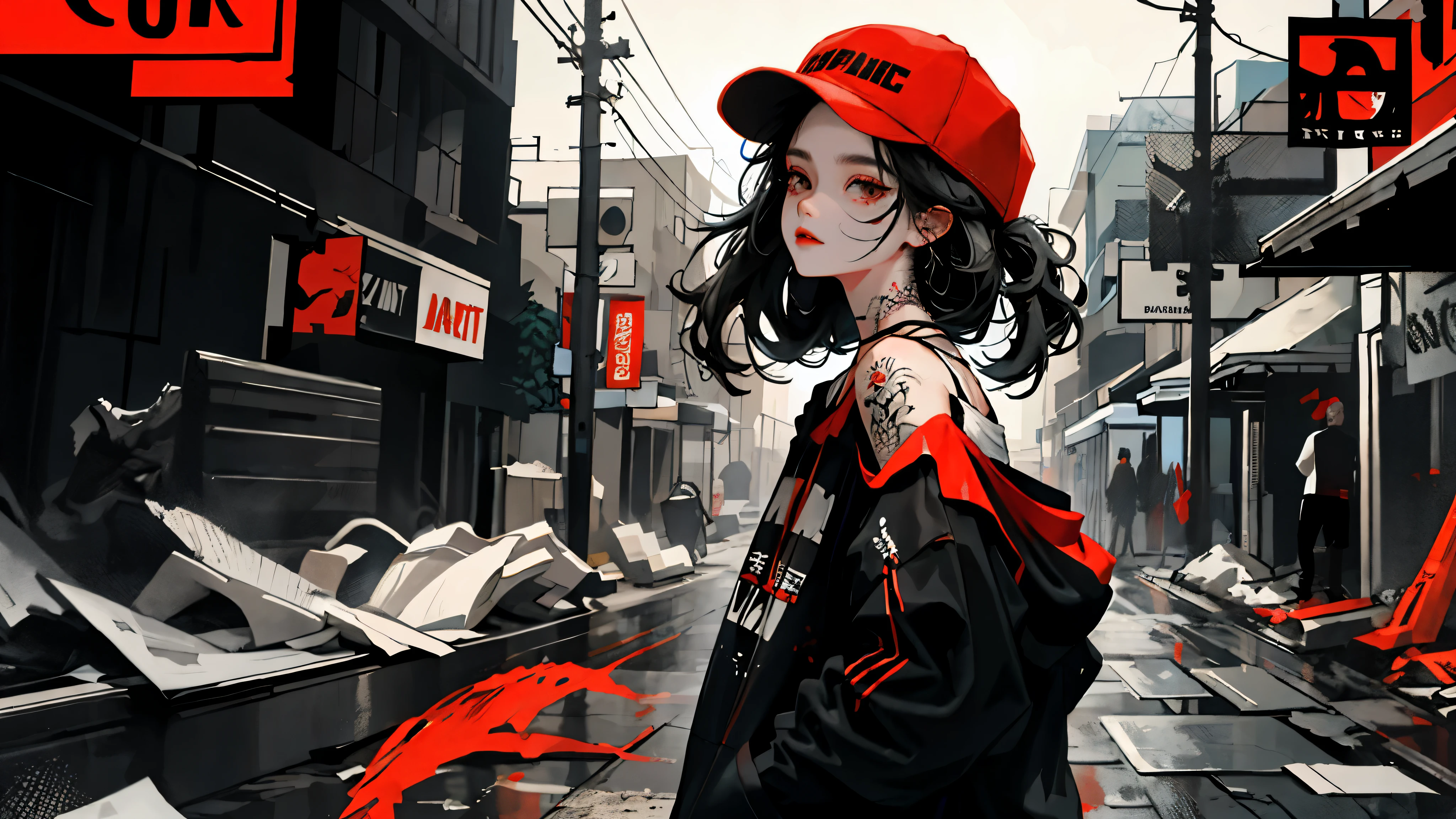 1girll,Back shadow splatter, red paint splatter Sweatshirt(black ish color),face and neck tattoo, An off-the-shoulder garment,baseball cap,Alchemy Laboratory,the mystery of unknown territories,Put your hands in your pockets,random colorful long hair,Shoulder-length hair,Black eyes,Game scene graph, raining street background