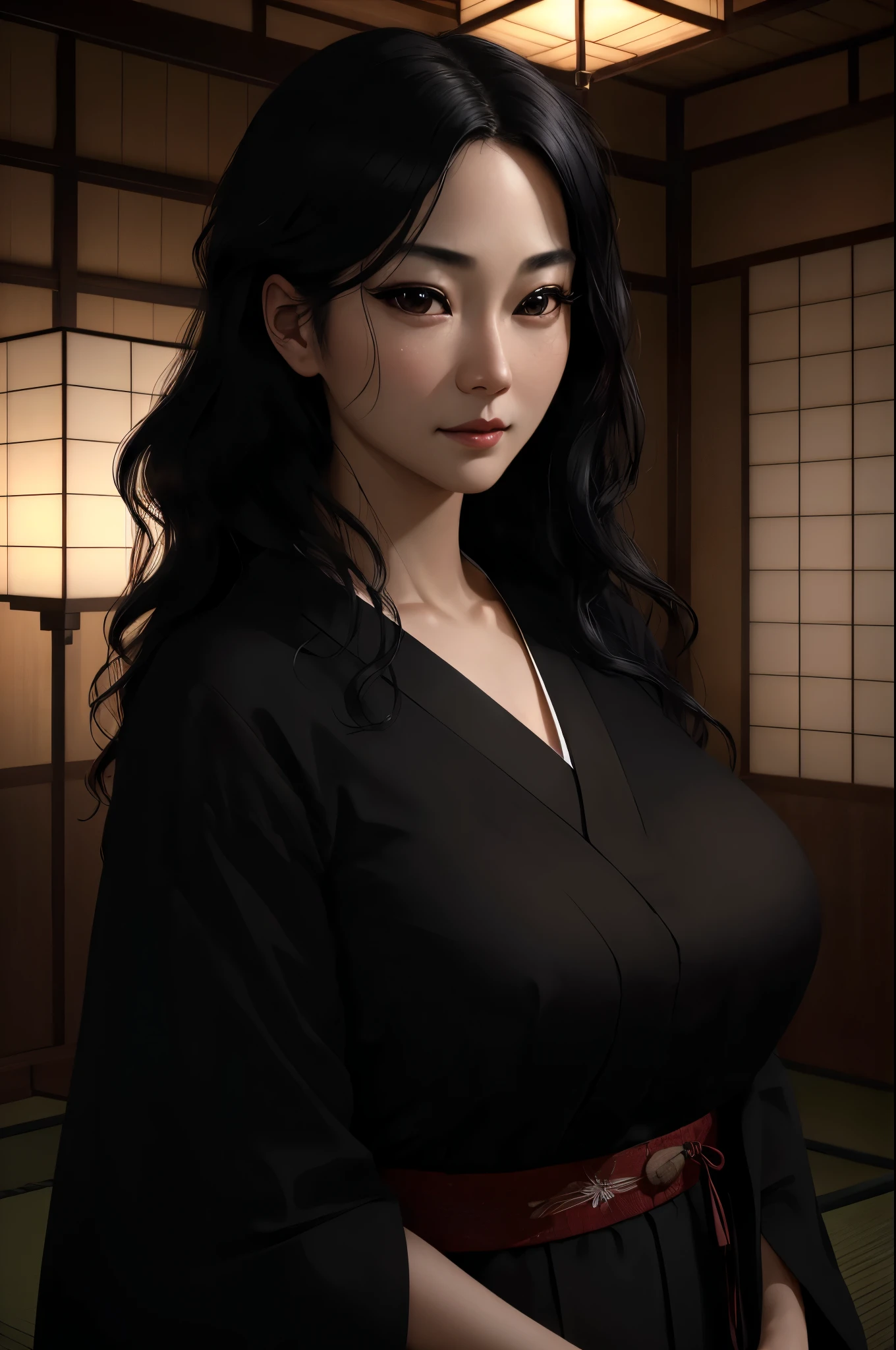 (RAW photo), (Realistic), (photo-realistic), ultra high resolution, masterpiece, highest quality, portrait, facial portrait, perfect lighting, detailed lighting, dramatic shadow, ray tracing, Shengyi, 1 beautiful Japanese lady, alone, 30 years old, perfect face, ((beautiful detailed black eyes:1.3)), huge breasts, medium wavy hair, black hair, voluptuous body, night dress, whole body, indoor, old Japanese room, night, 
 