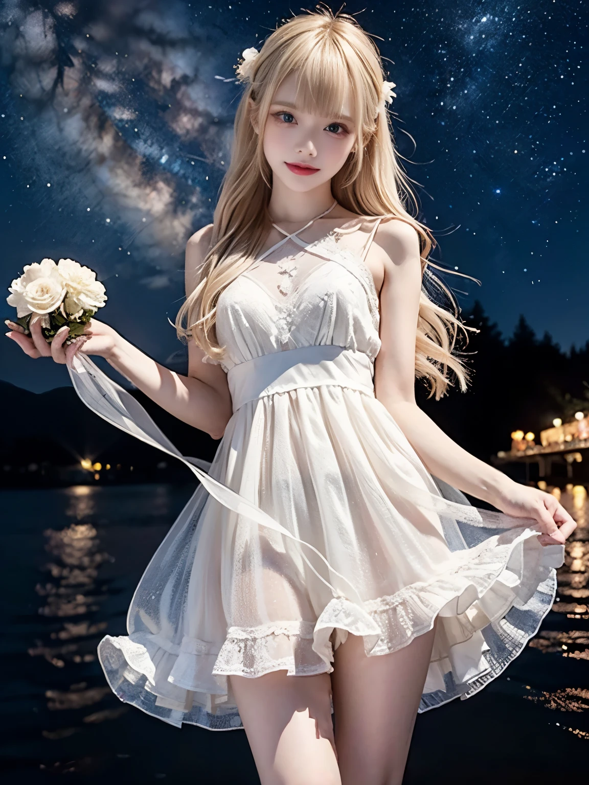 raw photo, 8k, (top-quality), Realistic, (real picture, Intricate details), (natural skin texture, detailed skin, hyper realism, sharpness), (Japanese  girl flying in the sky high at night, white flowers, dancing), ((white dress, see-through dress, white flower hair ornament, look far away)), (pale skin:1.2), slender body, ((light blond hair:1.3, long hair, blunt bangs)), (Parted lips:1.3, eye shadow, eyeline, tear bag:1.2, red lip, undereye circle, smile), night time, starry skies, full body shot