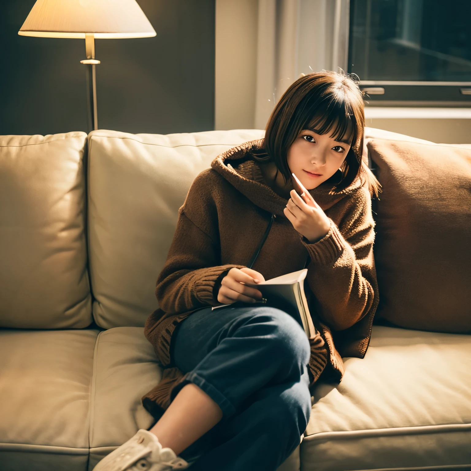 1girl,sitting on a cozy couch,crossing legs,soft light