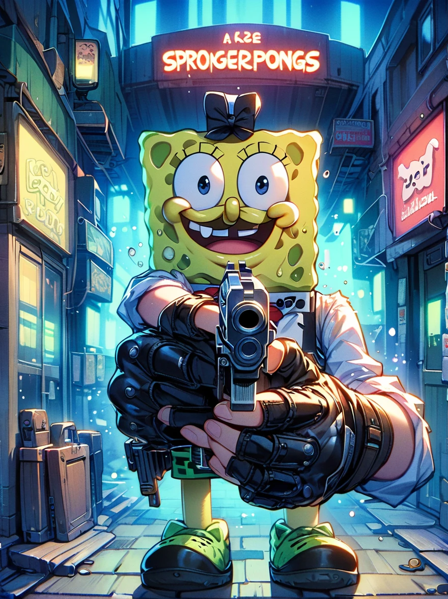 ((A SpongeBob SquarePants)),Holding a Desert Eagle pistol in both hands,The scene is illuminated by red neon lights