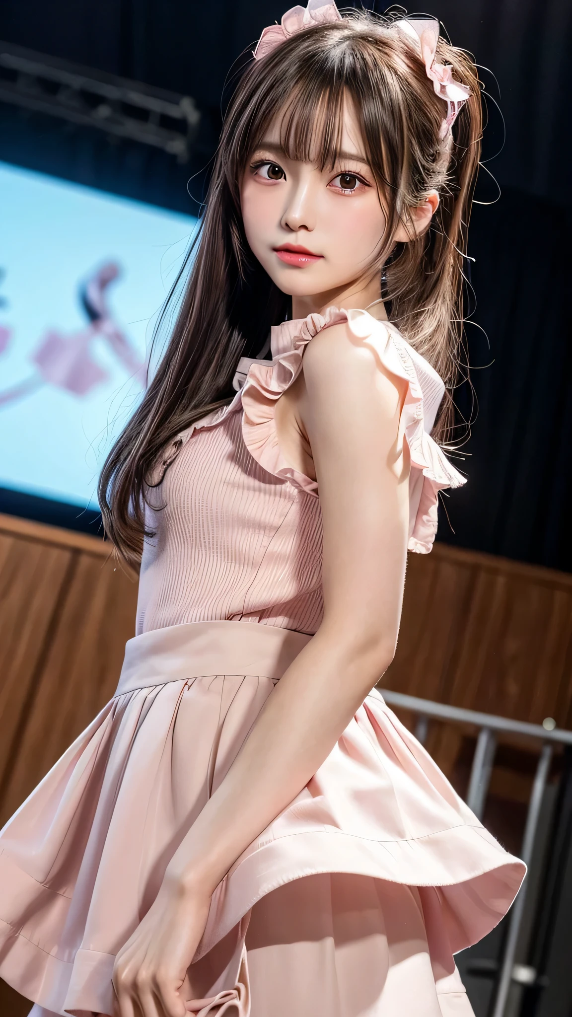 blush,small breasts,14 years old,long hair ponytail,on stage,Are standing,((8K, Raw photo, highest quality, pieces fly:1.2), (reality, realistic:1.4), (Highly detailed 8K wallpaper), written boundary depth, cinematic lighting, soft light, Details beauty eye,Shiny and smooth light brown ponytail, asymmetrical bangs, shiny skin, super dense skin ,High resolution, high detail, detailed hairstyle, Detailed beauty faces, hyper real, perfect limbs, perfect anatomy ,1 Japanese girl,famous japanese idol, perfect female body,shy smile,short eyelashes,double eyelid,look straight here,Hair style is ponytail、Long pink dress with lots of frills, soft shaped skirt, standing on stage,pink ribbon on head,She is wearing a long skirt with lots of frills..,neat clothes