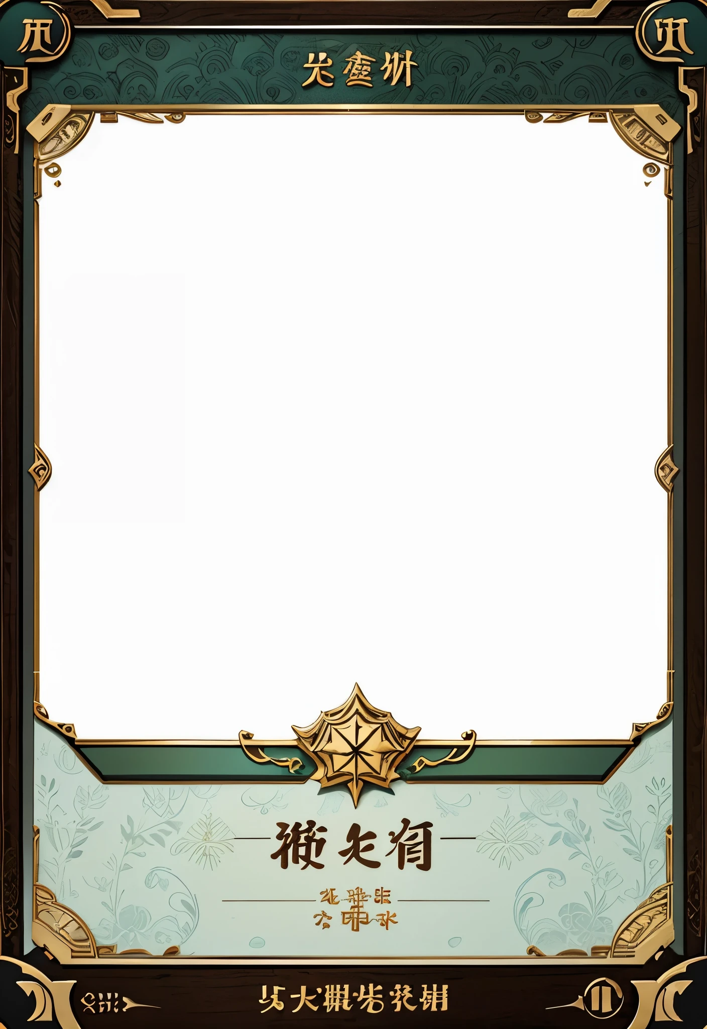 Illustration frame for card,card decoration,The upper part is the illustration frame,The lower part is the text box。antique style texture,full of mystery,brown,gold,light blue,Dark green,UI design for Magic cards,UI design suitable for Yu-Gi-Oh card,HD,4k。