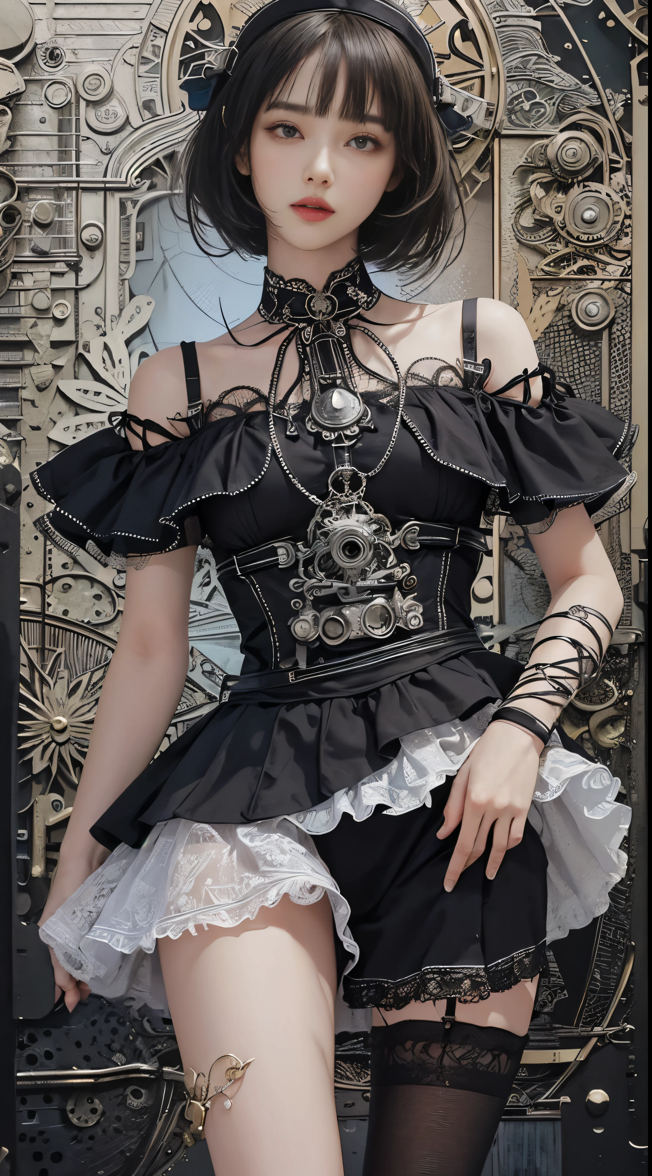 (((masterpiece, highest quality, Super detailed))), 1 female, (((very thin body))) , (((length, thin legs))), (((black short bob, thick and fluffy bangs ))), (((highly detailed face))), No cosmetics, small and thin nose, thin mouth and small lips, (((Very sharp focused eyes))), Precise pale gray eyes with large slits, shine like a jewel, length eyelashes, ((Highly decorative and intricate mechanical steampunk fashion, Lace Flare Mini Skirt, above the knee lace stockings, Lace Off Shoulder ta Fashion, Overly decorative fashion)), Abandoned Night, Complex mechanized steampunk factory catches fire、explosion, (((Overall accuracy has been significantly improved, creating a Super detailed and realistic image))), super realistic photos.