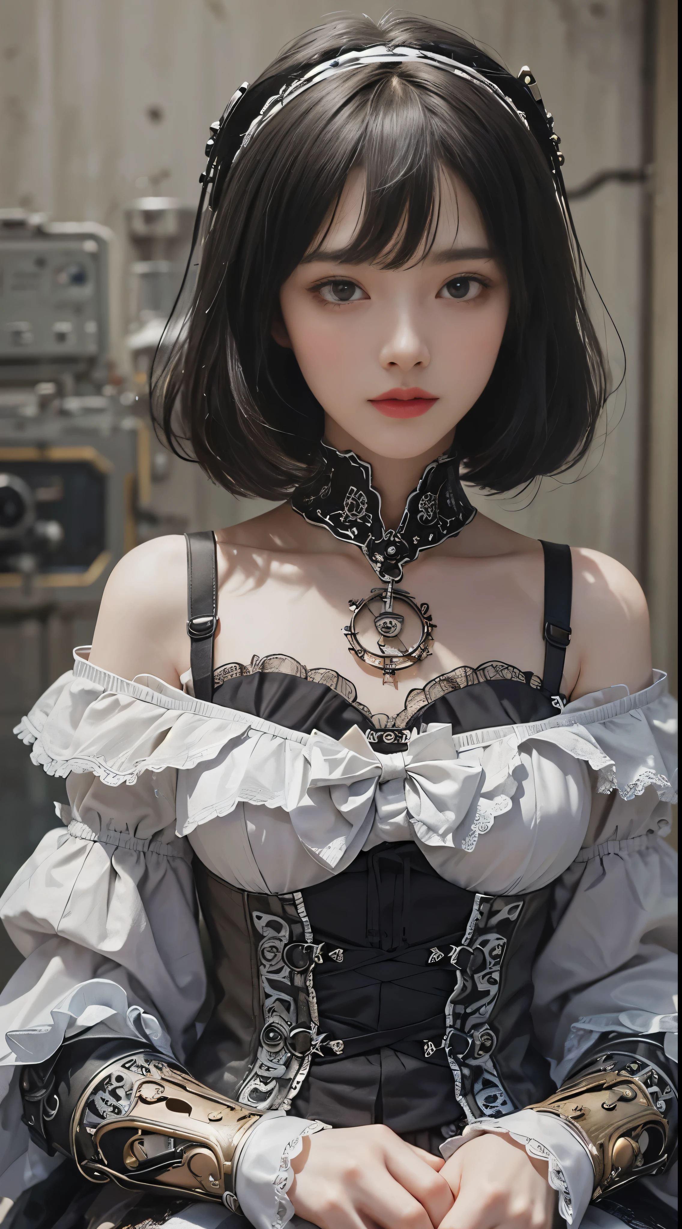 (((masterpiece, highest quality, Super detailed))), 1 female, (((very thin body))) , (((length, thin legs))), (((black short bob, thick and fluffy bangs ))), (((highly detailed face))), No cosmetics, small and thin nose, thin mouth and small lips, (((Very sharp focused eyes))), Precise pale gray eyes with large slits, shine like a jewel, length eyelashes, ((Highly decorative and intricate mechanical steampunk fashion, Lace Flare Mini Skirt, above the knee lace stockings, Lace Off Shoulder Lolita Fashion, Overly decorative fashion)), Abandoned Night, Complex mechanized steampunk factory catches fire、explosion, (((Overall accuracy has been significantly improved, creating a Super detailed and realistic image))),  super realistic photos.