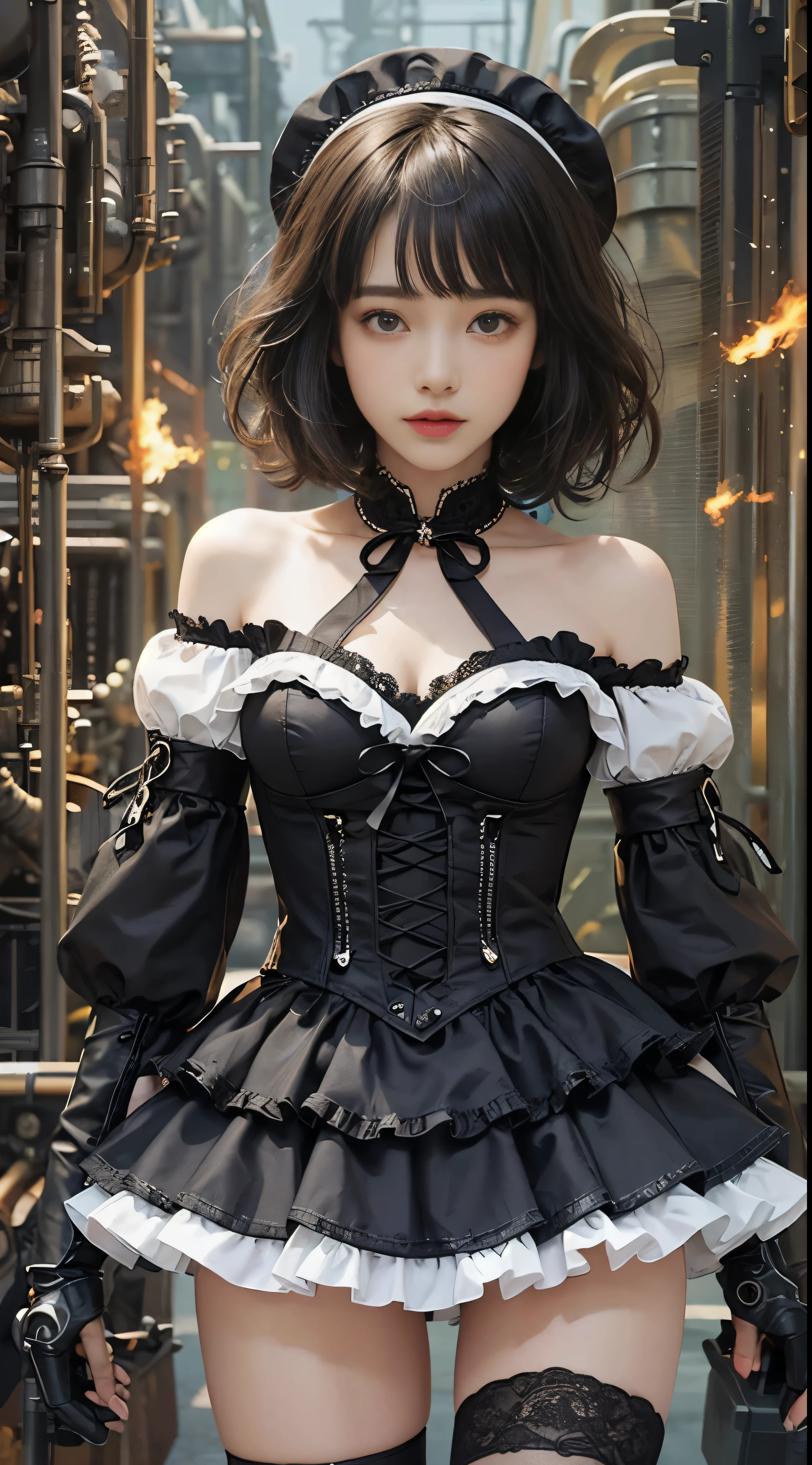 (((masterpiece, highest quality, Super detailed))), 1 female, (((very thin body))) , (((length, thin legs))), (((black short bob, thick and fluffy bangs ))), (((highly detailed face))), No cosmetics, small and thin nose, thin mouth and small lips, (((Very sharp focused eyes))), Precise pale gray eyes with large slits, shine like a jewel, length eyelashes, ((Highly decorative and intricate mechanical steampunk fashion, Lace Flare Mini Skirt, above the knee lace stockings, Lace Off Shoulder Lolita Fashion, Overly decorative fashion)), Abandoned Night, Complex mechanized steampunk factory catches fire、explosion, (((Overall accuracy has been significantly improved, creating a Super detailed and realistic image))), super realistic photos.