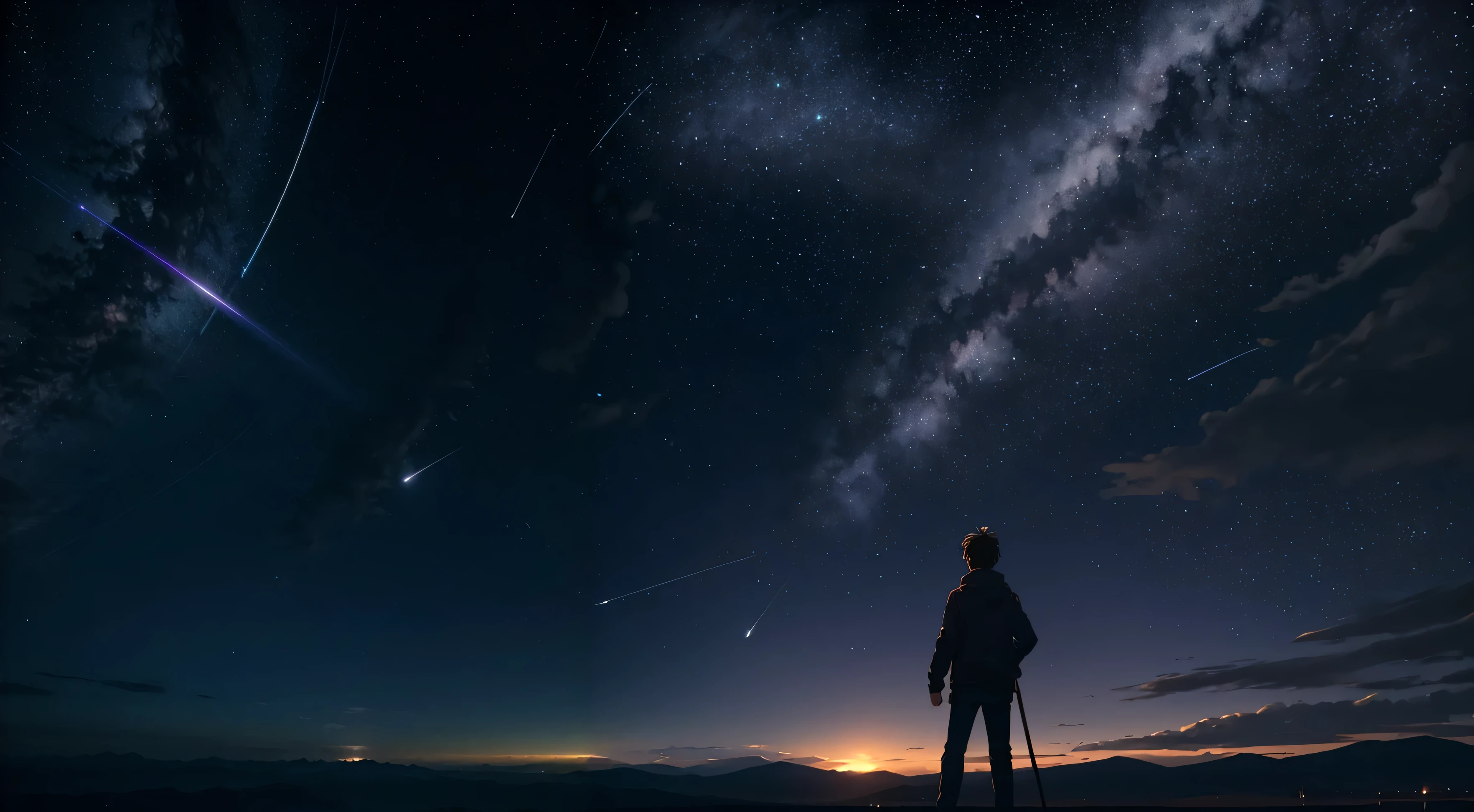 arafed view of a person standing on a hill at night, on a clear magnificent night sky, night sky; 8k, shooting star in background, meteor shower, on a clear night sky, night sky with many meteorites, perseides meteor shower, during a meteor storm, starry sky 8 k, meteors are falling from the sky, shooting star