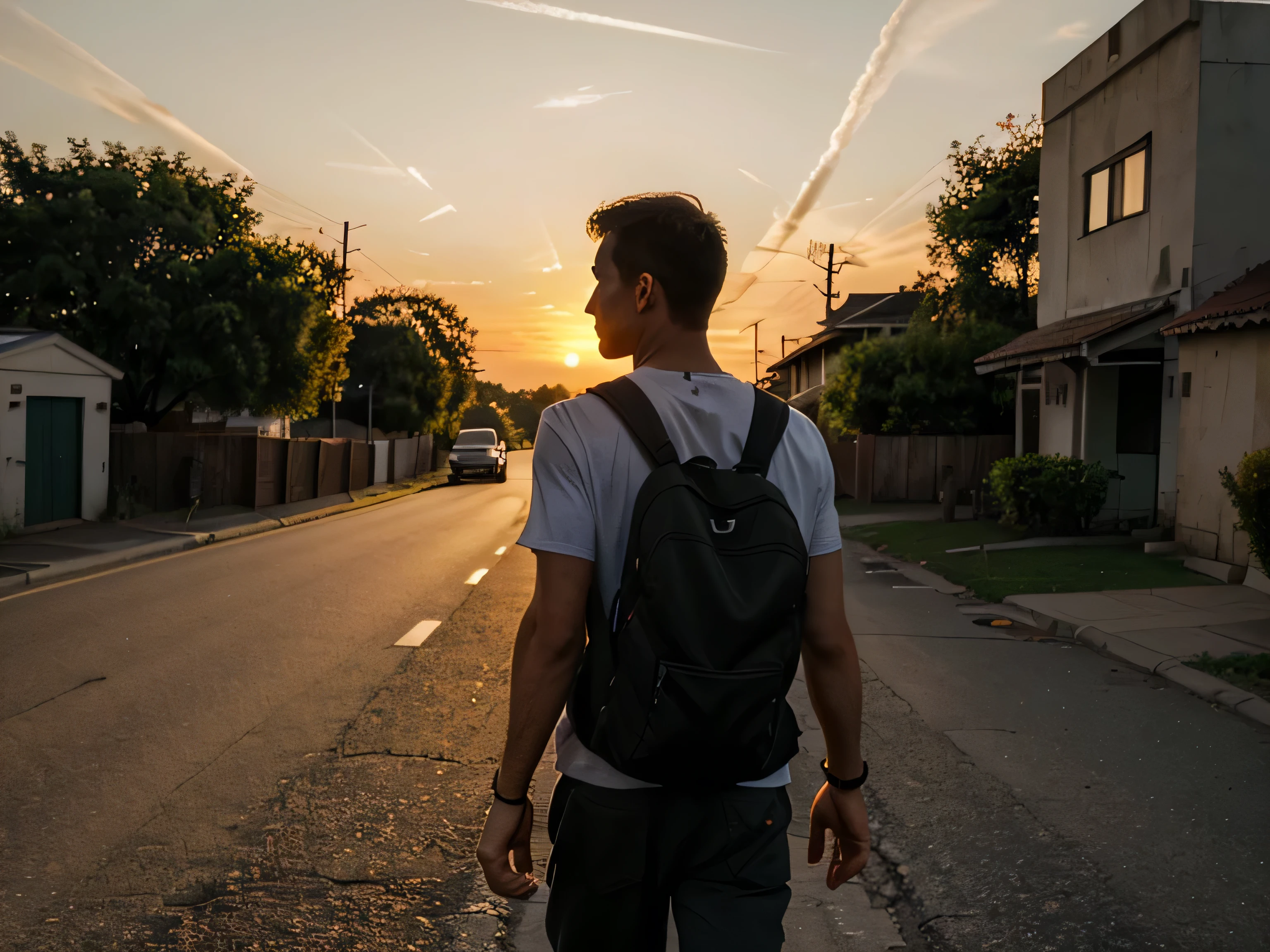 man walking backwards on the corner of a road looking at the sunset at the end of the day