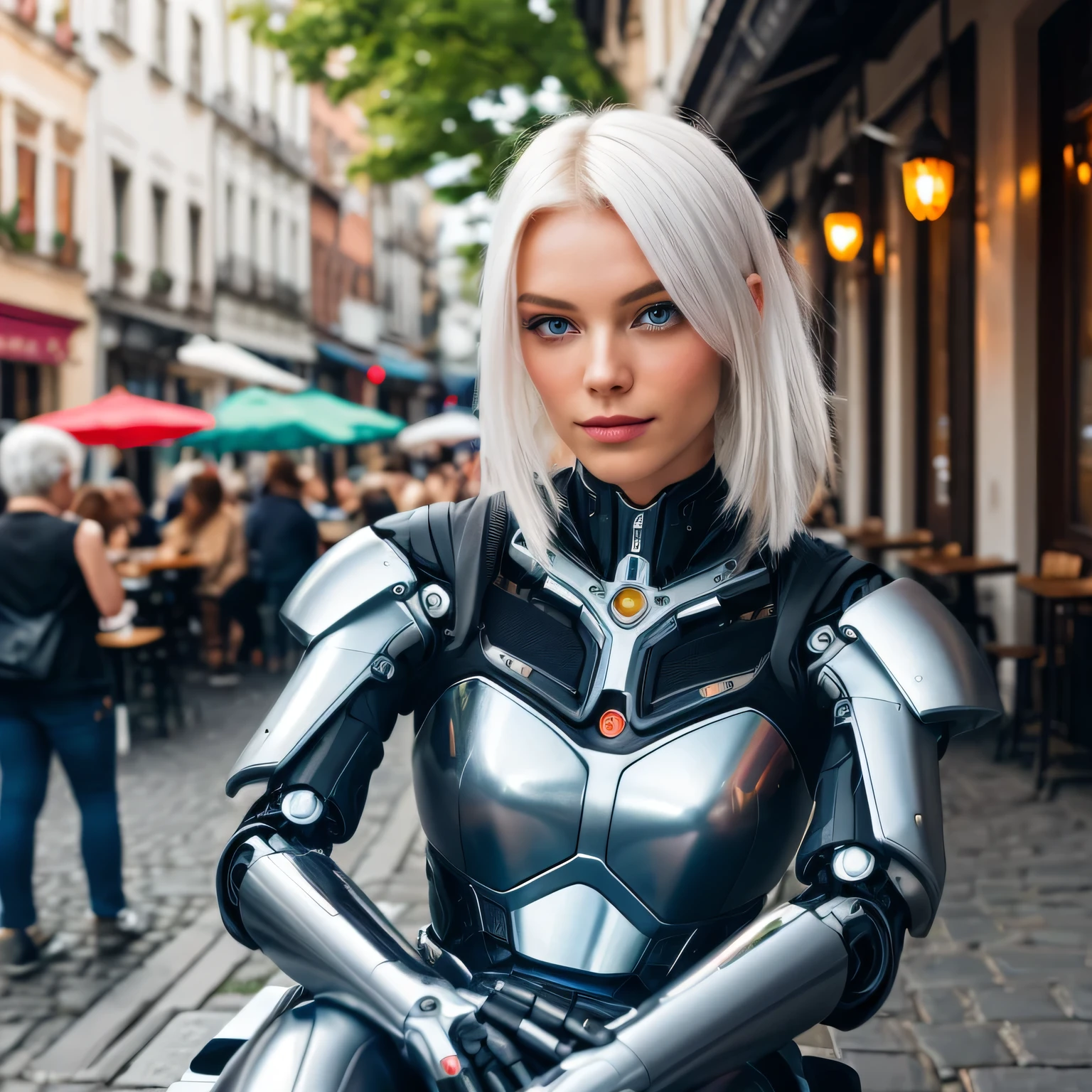 Facial portrait of an ultra pretty cyborg girl, perfect android girl, beautiful robot character design, streamlined pink armor, white hair, Spiegelreflexbeleuchtung, SLR camera, Ultra quality, Sharpness, depth of field, Filmkorn (Center), Fujifilm XT3, Kristallklar, Rahmenmitte, Pretty face, scharfer Fokus, Full body image, dynamische pose, realistisch,Create an image of a beautiful cyborg woman with a human head and a mechanized body, (Ultra pretty cyborg girl sitting outside in a cafe), Sip a coffee and take in the scenery of a bustling cobbled market square