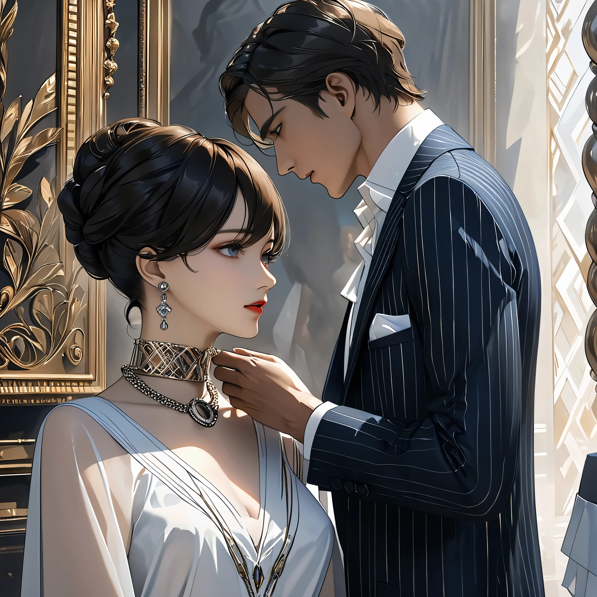 Beautifully dressed hostess, Fixing collars for male slaves, An exquisite iron ring symbolizing slave status, Put it around your neck, Conceptual art, high detail, Art Deco, UHD, anatomically correct, masterpiece, textured skin, high quality, best quality