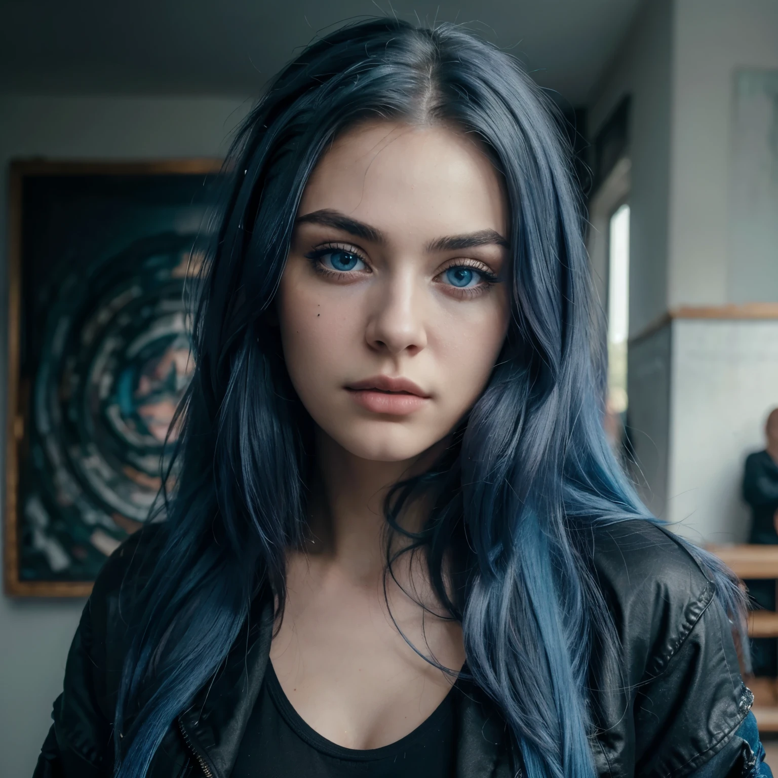 A girl with piercing blue eyes and strong jawline with natural pink lips and long blue hair with a lot of volume,black eyebrows,black_tshirt,jacket,blue_jean, ((masterpiece, best quality,high resolution :1.4))natural lighting