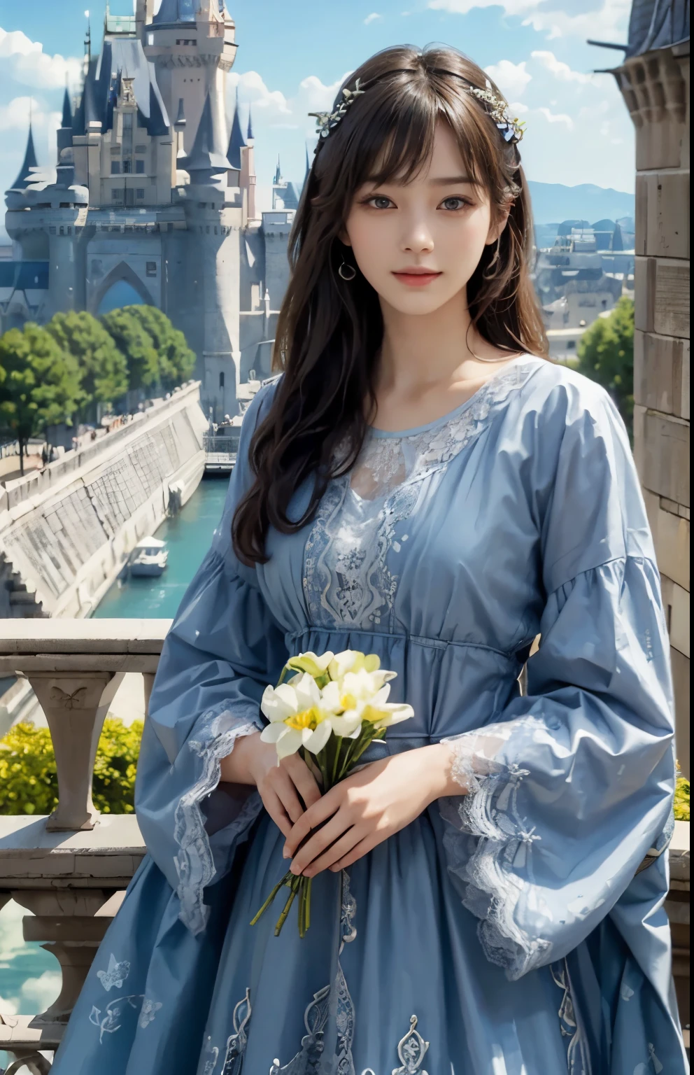 (ultra-realistic realism)、(illustratio)、(A high resolution)、(8K)、(Best Illustration)、(Beautifully detailed eyes)、(top-quality)、(ultra - detailed)、(masterpiece)、(the wallpaper)、(A detailed face)、solo、looking at viewert、A detailed face、pureerosfaceace_V1、A smile、 long hair、46-point diagonal bangs、((Colorful lace dress))、((Beautiful woman standing on the balcony of the castle))