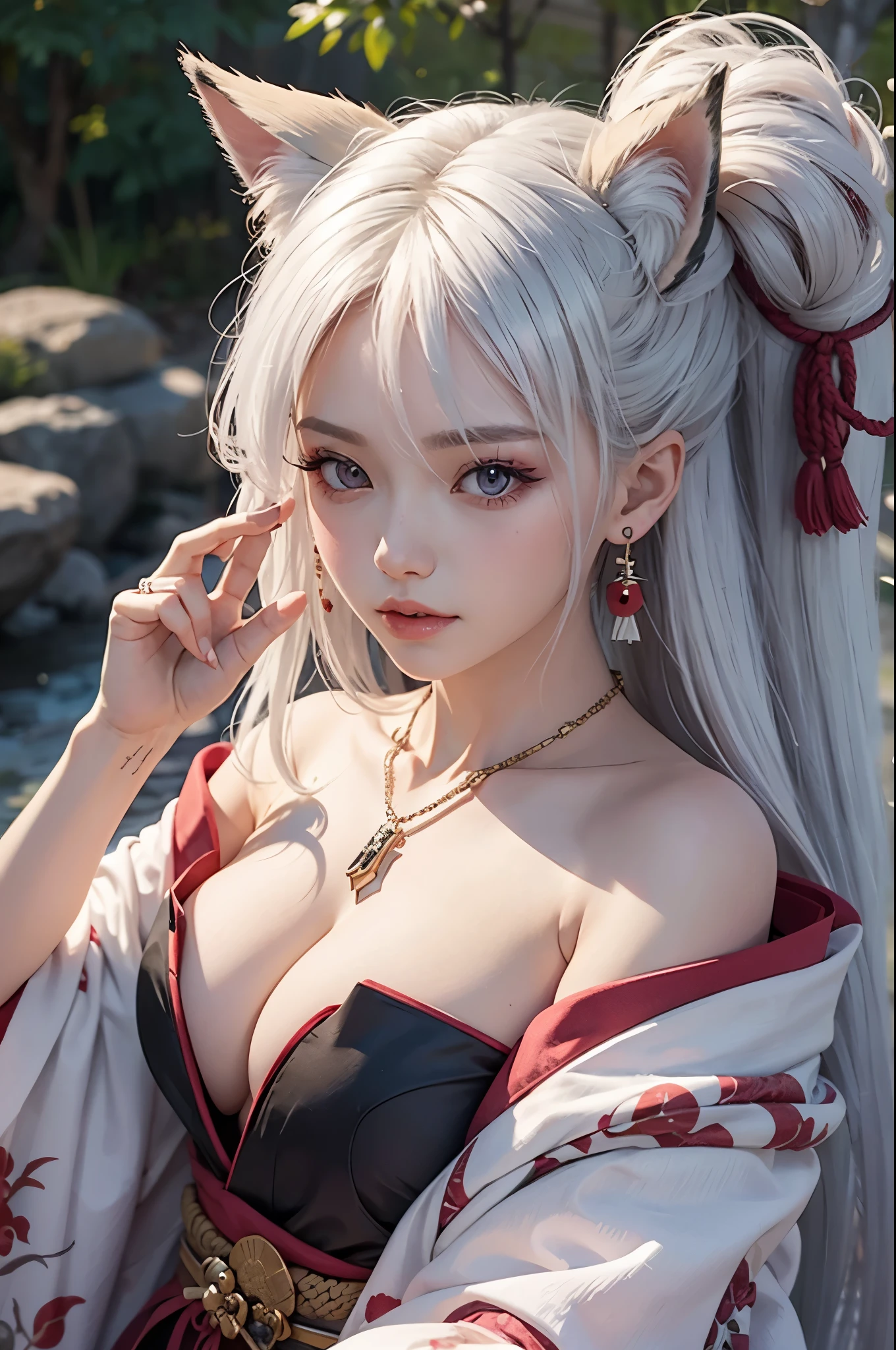 A ninja Japanese girl, red eyes, white hair, big breasts, soft makeup, beautiful eyes, pink cheeks, wearing appealing kimono, holding katana her hand, long hair, necklace amd earrings, soft lips, fox ears and tail
