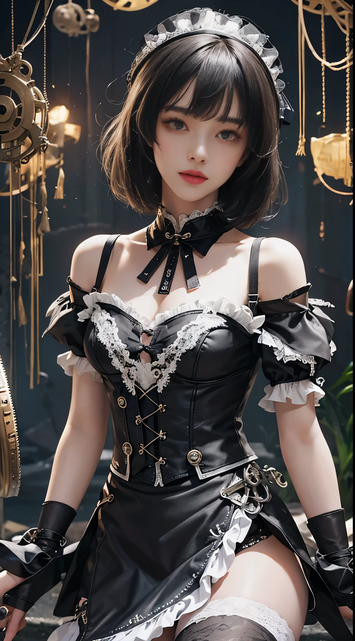 (((masterpiece, highest quality, Super detailed))), 1 female, (((very thin body))) , (((length, thin legs))), (((black short bob, thick fluffy bangs ))), (((highly detailed face))), No cosmetics, small and thin nose, thin mouth with small lips, (((Very sharp focused eyes))), Precise pale gray eyes with large slits, shine like a jewel, length eyelashes, ((Highly decorative intricate mechanical steampunk fashion, Lace Flare Mini Skirt, above the knee lace stockings, Lace Off Shoulder Lolita Fashion, Overly decorative fashion)), Abandoned Night, Complex mechanized steampunk factory catches fire and explodes, (((Overall accuracy has been dramatically improved, creating a Super detailed and realistic image))), super realistic photos.