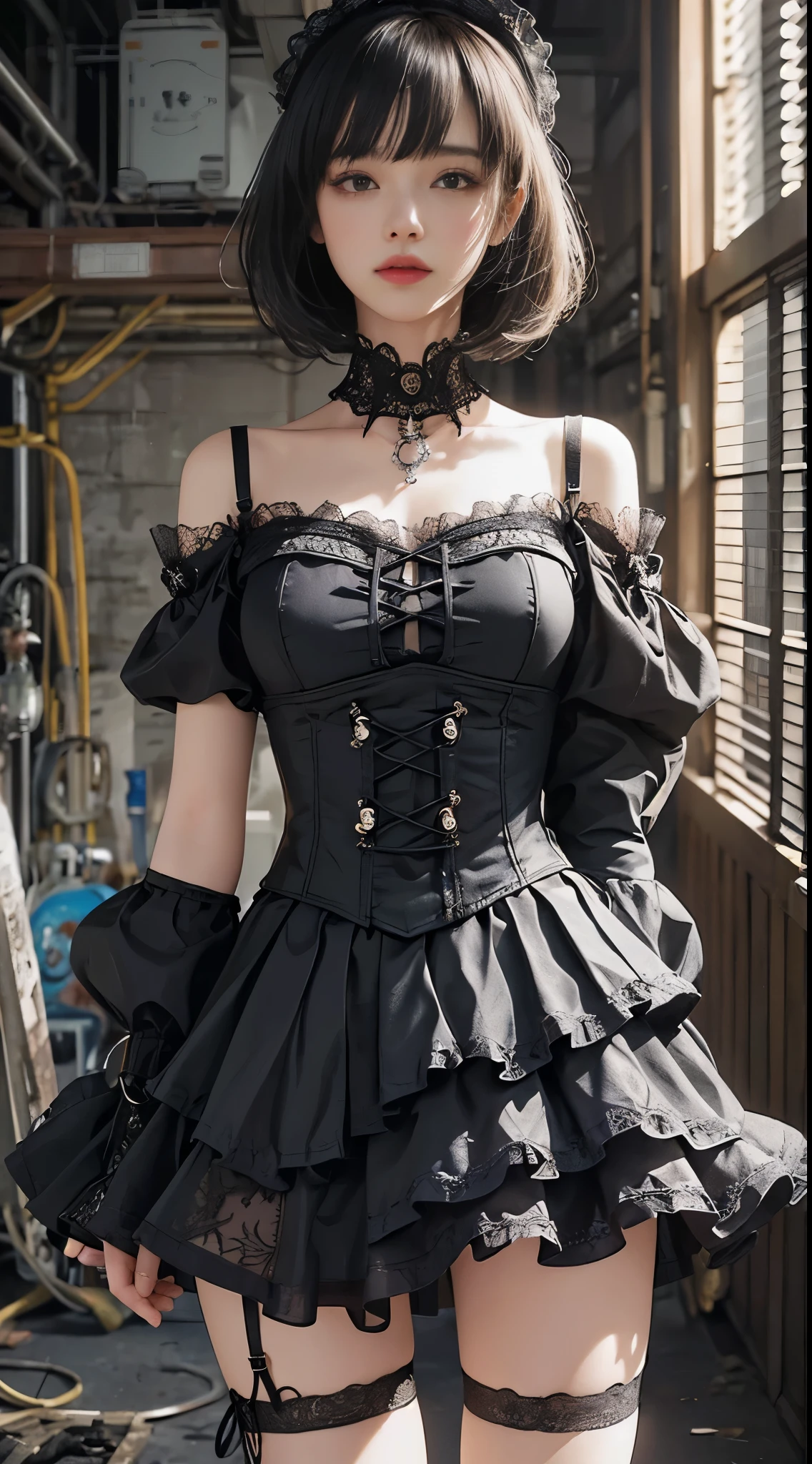 (((masterpiece, highest quality, Super detailed))), 1 female, (((very thin body))) , (((length, thin legs))), (((black short bob, thick fluffy bangs ))), (((highly detailed face))), No cosmetics, small and thin nose, thin mouth with small lips, (((Very sharp focused eyes))), Precise pale gray eyes with large slits, shine like a jewel, length eyelashes, ((Highly decorative intricate mechanical steampunk fashion, Lace Flare Mini Skirt, above the knee lace stockings, Lace Off Shoulder Lolita Fashion, Overly decorative fashion)), Abandoned Night, Complex mechanized steampunk factory catches fire and explodes, (((Overall accuracy has been dramatically improved, creating a Super detailed and realistic image))),  super realistic photos.
