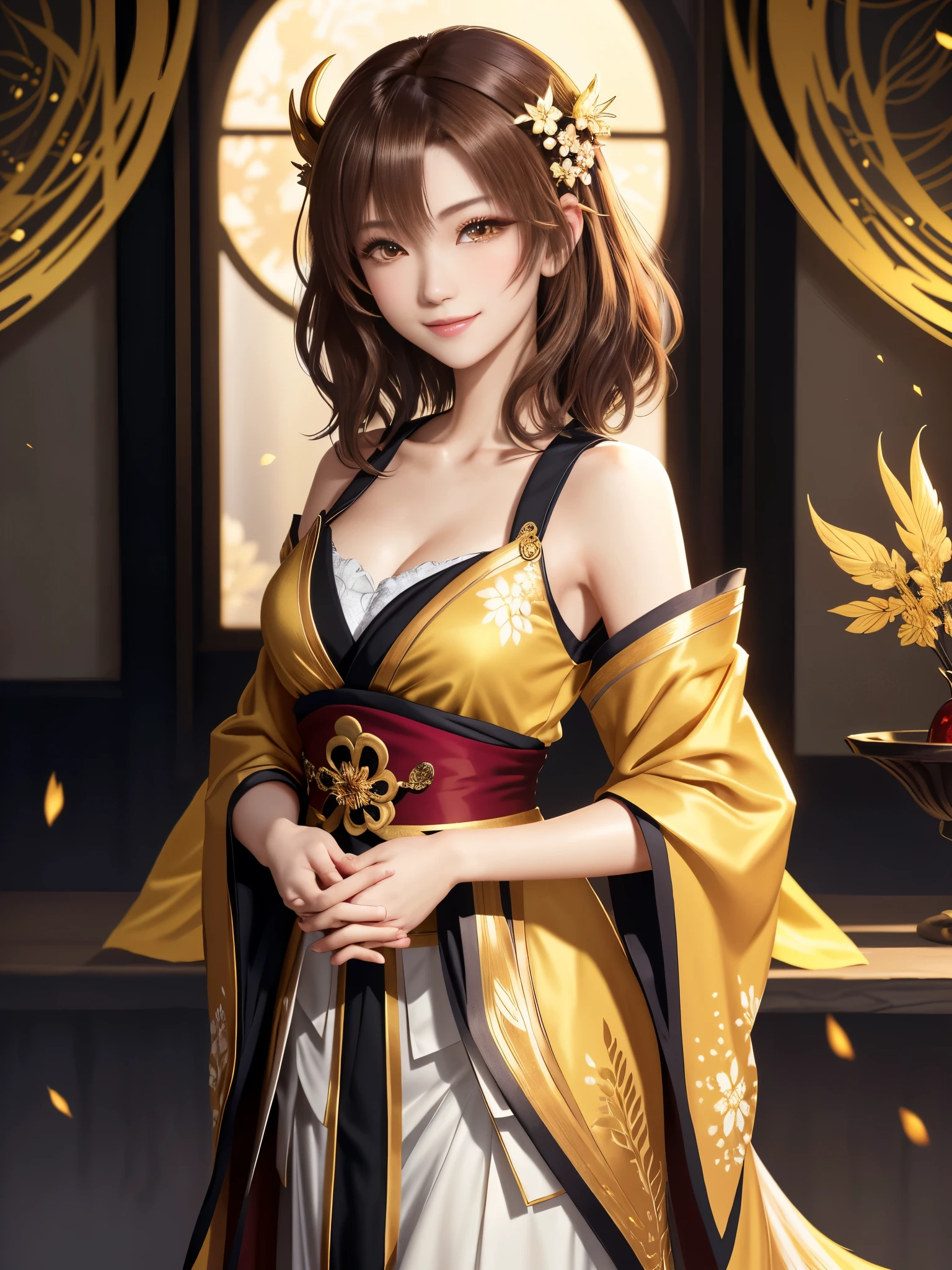 masterpiece , best quality,smile,smile,small face,shoulder exposure,golden kimono,less cleavage exposure,light brown hair,beautifully curled hair,slender body shape,brown eyes,Contrast faithfully reproduced,short hair,Beautiful short hair,Berry Short,short cut hair,just one person,precision quality,A faithful reproduction of the human eye, The surroundings are shining gold,golden aura around the body,golden shining background,masterpiece,night,nightの背景,golden background,cherry blossom background,beautiful details, colorful, delicate details, delicate lips, intricate details, genuine, ultrargenuineista, 枝に座っている色とりどりの髪のFoxを持つ女の子:Mature, bright eyes, ,色とりどりのFox, raposa de nine tails, 三尾Fox, 三尾Fox, onmyoji detail art, beautiful fine art illustration, mythical creatures, Fox, beautiful digital art,shrine maiden,hold hands,exquisite digital illustration, mizutsune, Inspired by mythical wild web creatures, pixiv in digital art, shining light, high contrast, Mysterious,view audience