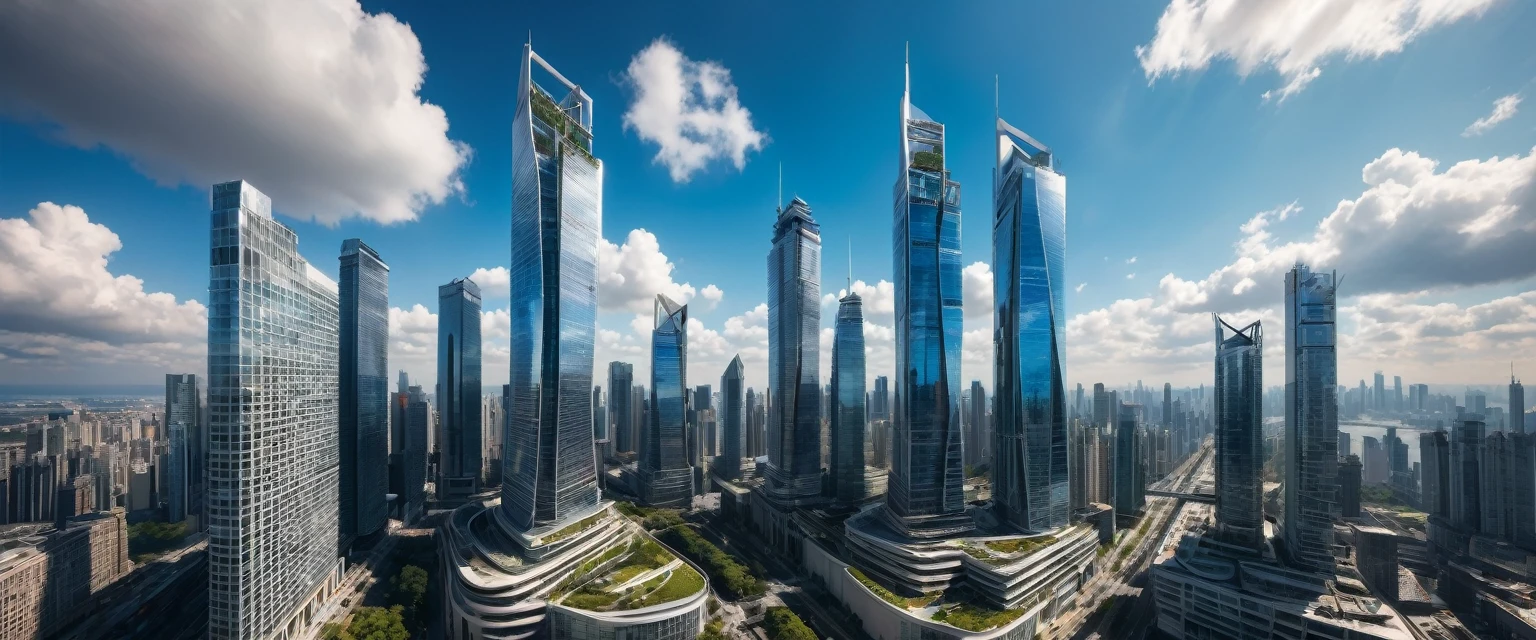 Ultra Wide Angle, aesthetic, extremely detailed, (best quality,4k,8k,highres,masterpiece:1.2),ultra-detailed,(realistic,photorealistic,photo-realistic:1.37),ultra wide angle,lens distortion,vivid colors,contrast,bokeh,low angle view,dramatic,grandiose,architectural beauty,expansive space,sweeping panoramic view,dynamic lines,imposing structures,cityscape,skyline,wide open sky,cloud formations,light and shadow play,emergent skyscrapers,modern urban architecture,spectacular visual impact,immersive experience,heroic scale