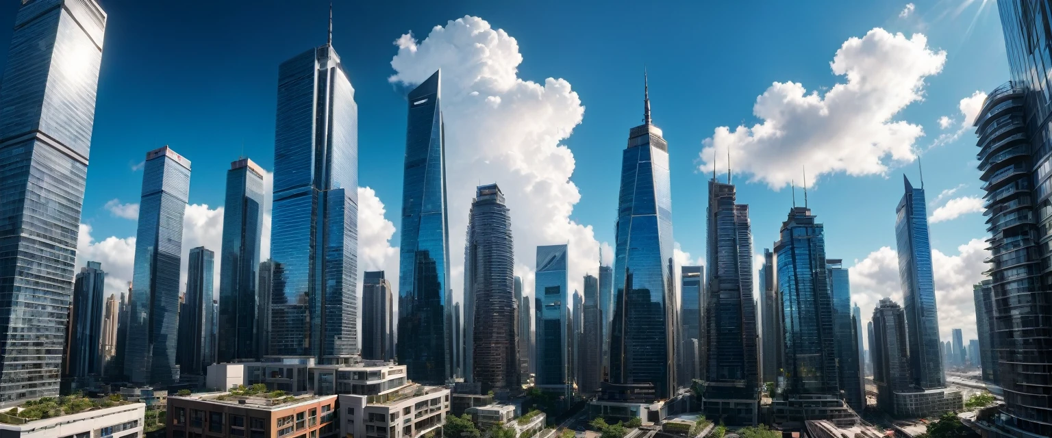 Ultra Wide Angle, aesthetic, extremely detailed, (best quality,4k,8k,highres,masterpiece:1.2),ultra-detailed,(realistic,photorealistic,photo-realistic:1.37),ultra wide angle,lens distortion,vivid colors,contrast,bokeh,low angle view,dramatic,grandiose,architectural beauty,expansive space,sweeping panoramic view,dynamic lines,imposing structures,cityscape,skyline,wide open sky,cloud formations,light and shadow play,emergent skyscrapers,modern urban architecture,spectacular visual impact,immersive experience,heroic scale