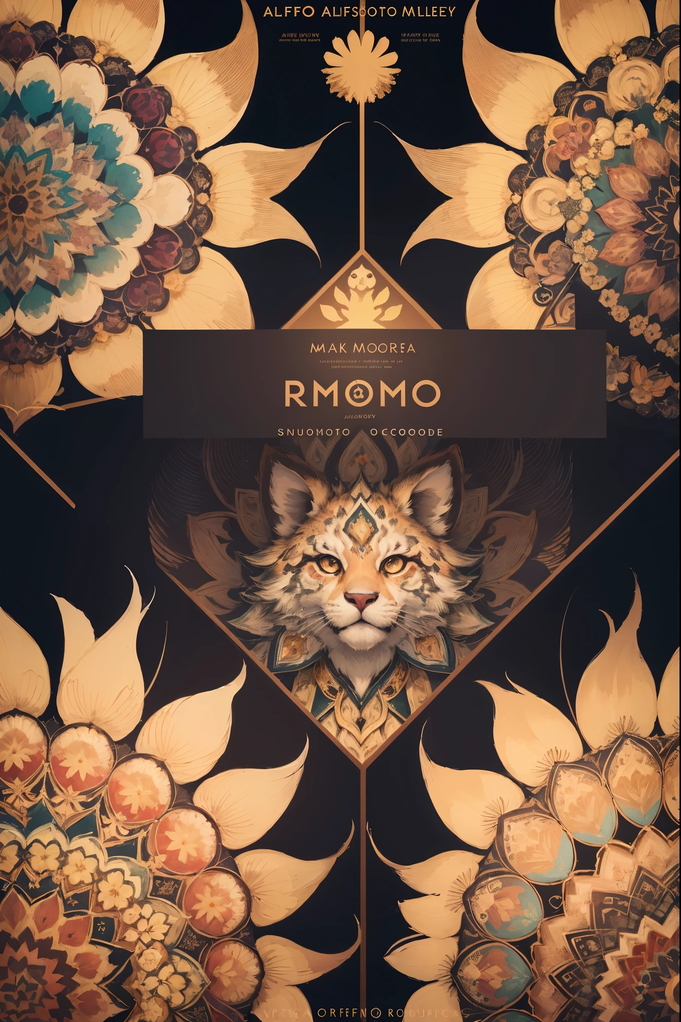 cover page, Perfume poster, kaleidoscope, rzminjourney, vector-art, High-quality illustrations by Alfons Mucha, masterpiece(kemono, furry anthro)logo mark, round, colorful flower,